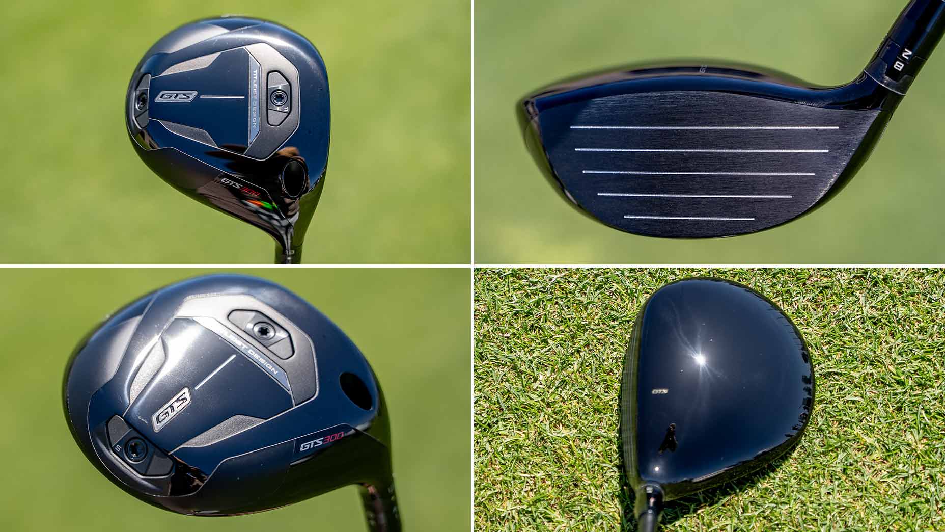Four close-up images of a black Mini Driver, the Titleist GTS300: two show different angled views of the clubhead, one shows the clubface, and one shows the top of the club on green grass.