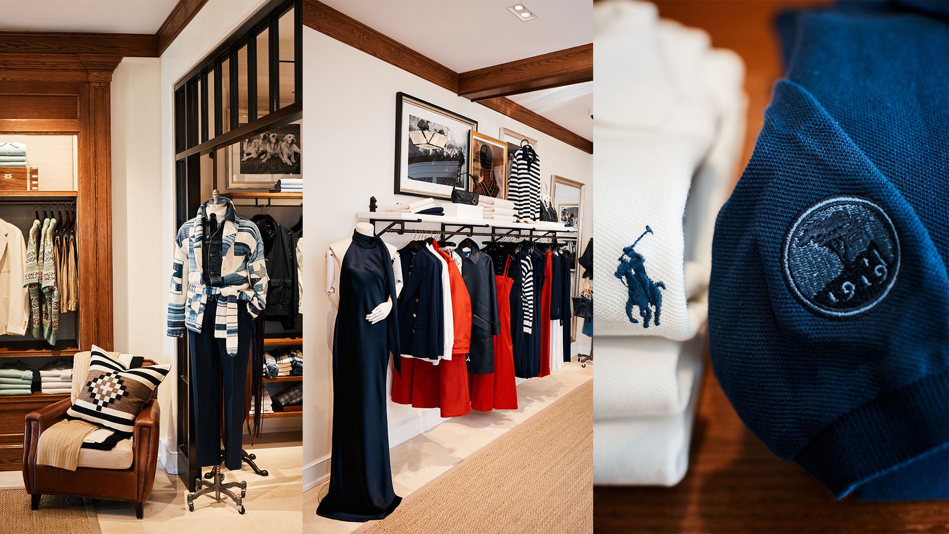 A stylish boutique displays neatly arranged clothing on racks and mannequins, featuring navy, white, and red Ralph Lauren garments. A close-up shows folded shirts with embroidered polo logos. The store has elegant wood and white decor.