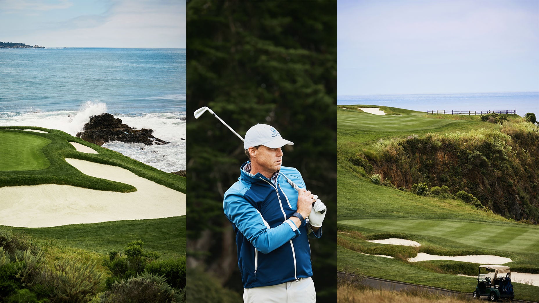 A collage featuring a rocky golf destination by the ocean, a golfer holding a club mid-swing, and a grassy course with sand bunkers and a golf cart on a path.