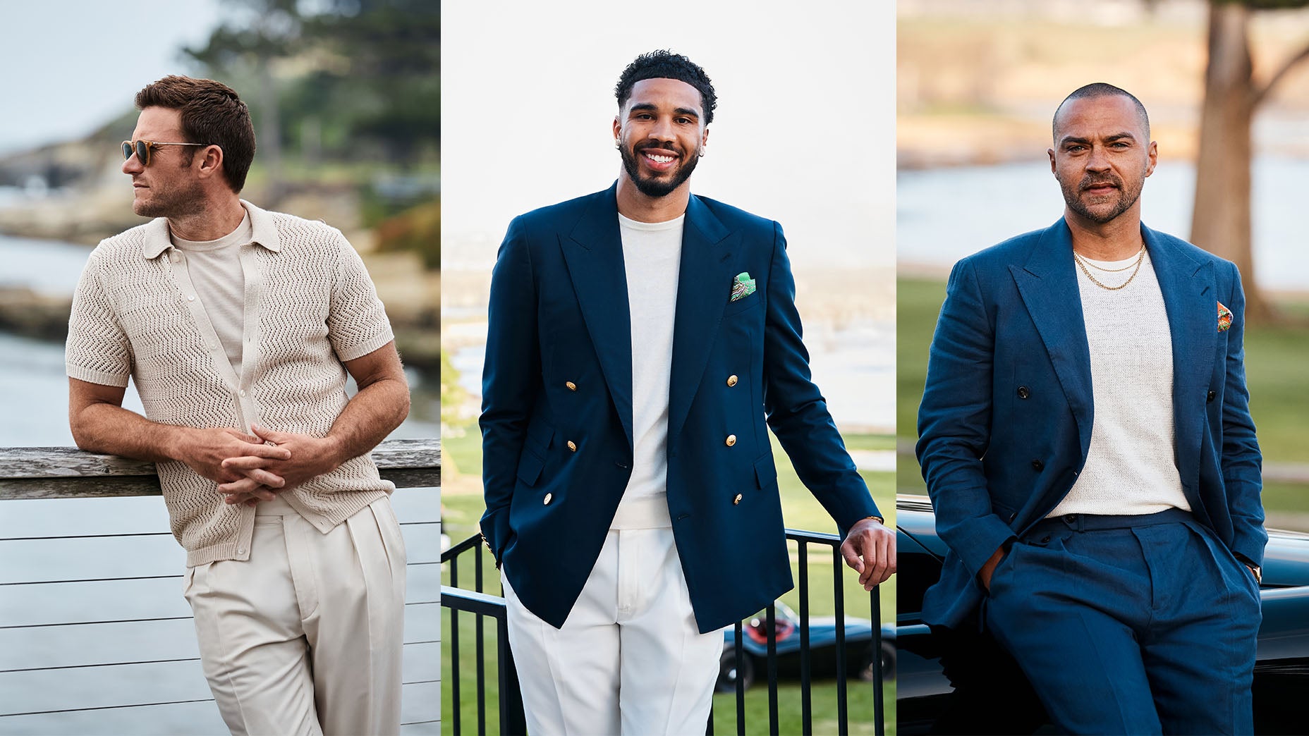 Three men pose outdoors in stylish outfits: the first in a beige knit shirt and cream pants, the second in a blue double-breasted blazer with white pants, and the third in a Ralph Lauren Pebble Beach-inspired blue suit with a light sweater.