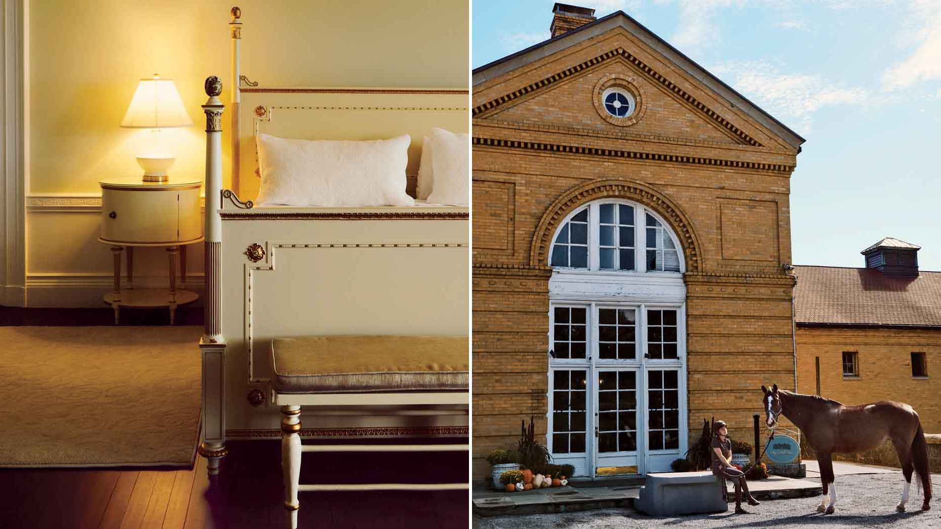Left: One of the clubhouse’s ultra-luxe guest rooms. Right: The equestrian facility.