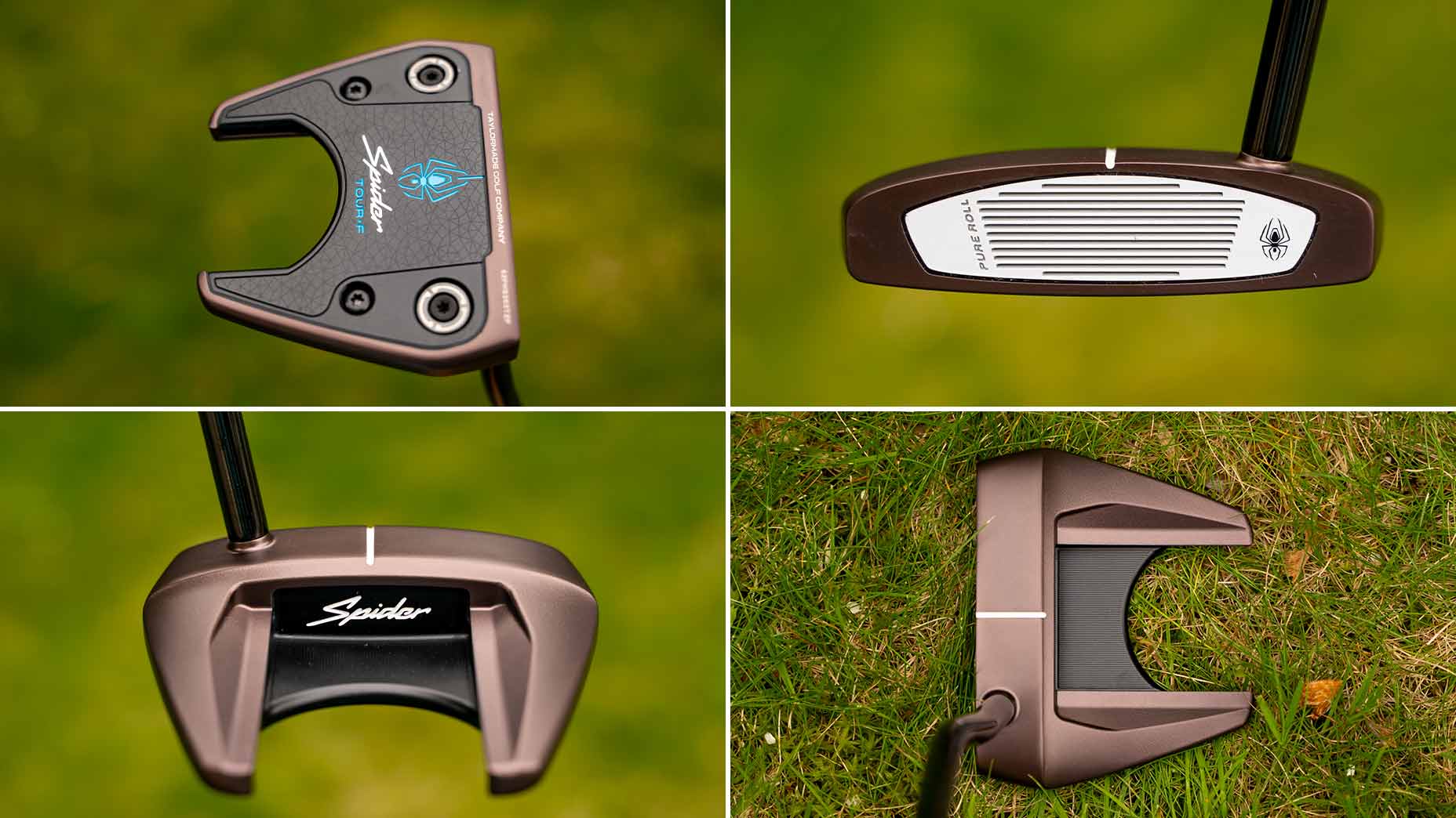 Four close-up views of a bronze and black golf putter with a torched finish on green grass, showing the club&rsquo;s top, face, rear, and address positions with Spider line branding visible in two of the images.