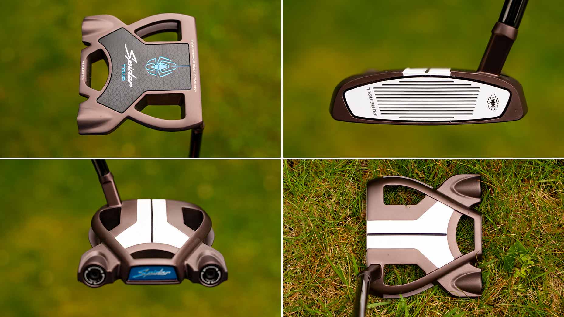 Collage of four close-up photos showing different views of a TaylorMade Spider putter on grass, highlighting its face, back, sole, and top design details with branding and logos visible&mdash;similar to the style favored by Rory McIlroy.