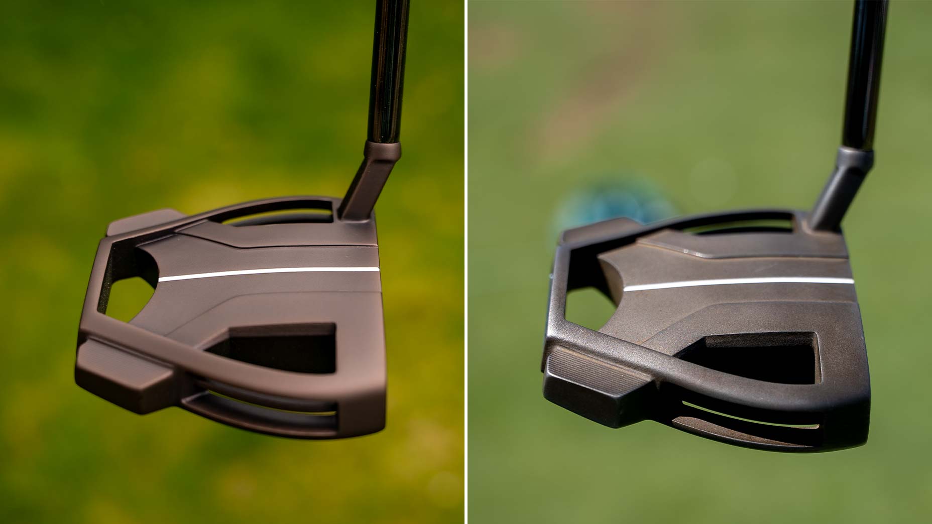 Side-by-side close-up of two black golf putters with white Spider line alignment, featuring new shapes, displayed over a blurred green background.