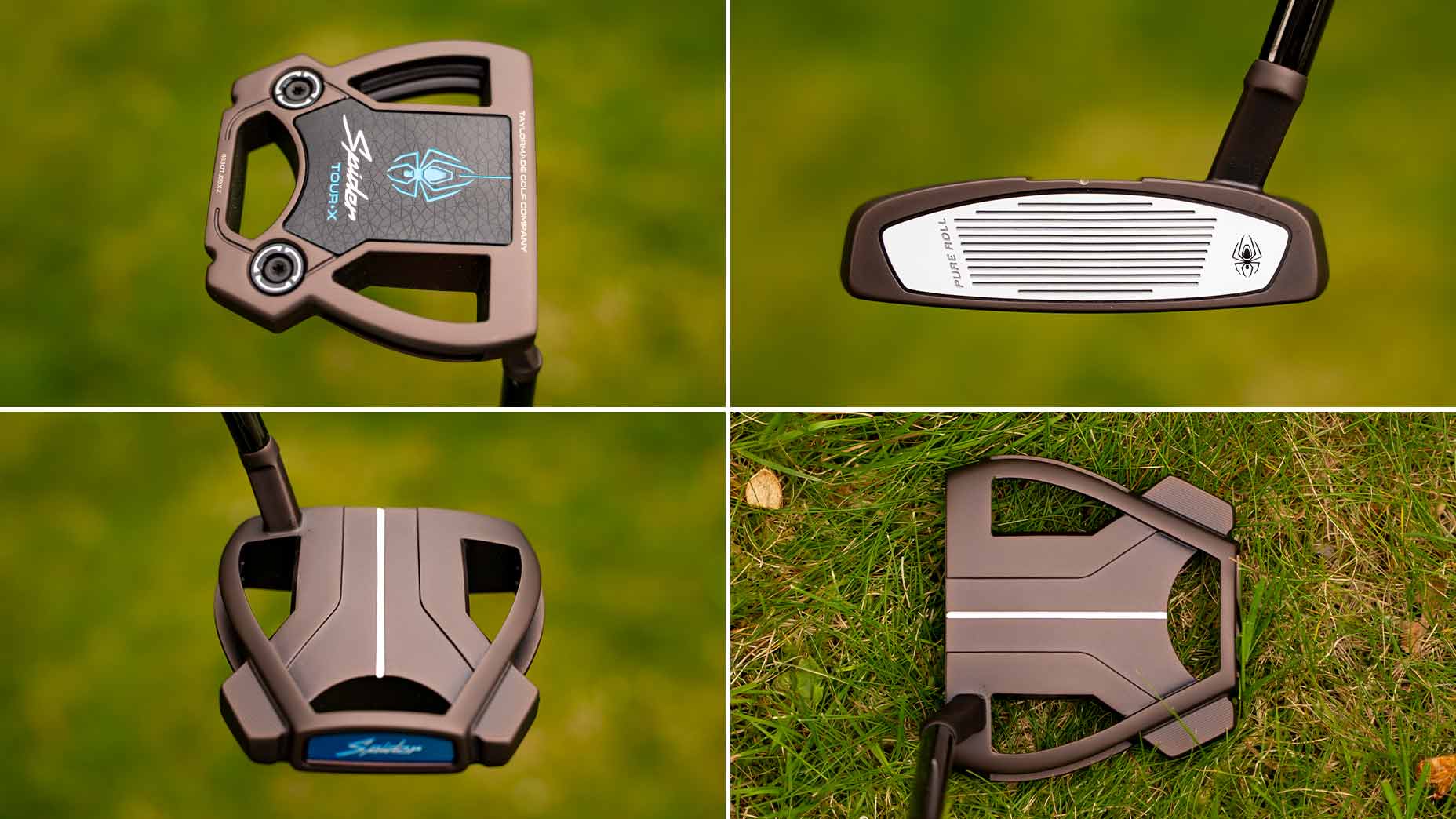 A collage showing close-up views of a modern golf putter with new shapes from different angles, including the face, top, and bottom&mdash;reminiscent of those favored by pros like Rory McIlroy&mdash;positioned on grass and a neutral background.