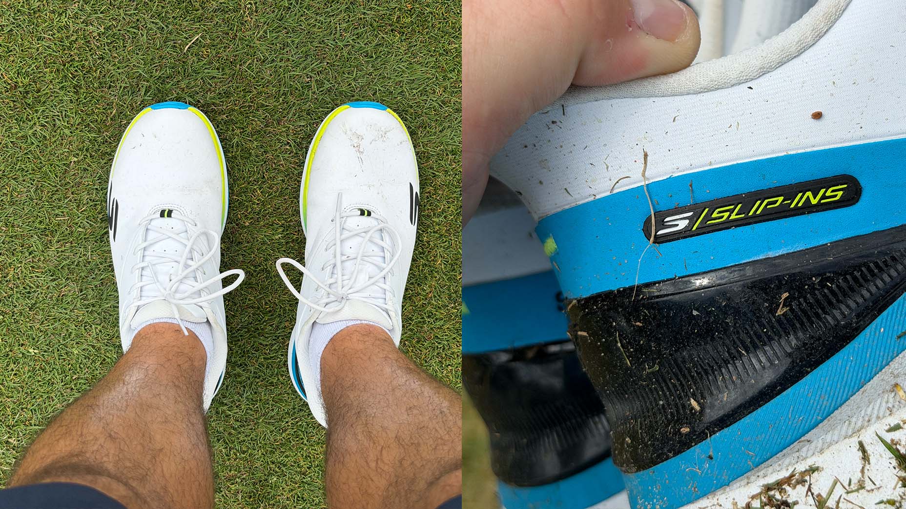 A pair of white and blue athletic shoes on grass, shown from above on feet and in a close-up view highlighting the Slip-Ins label and some dirt on the shoe.