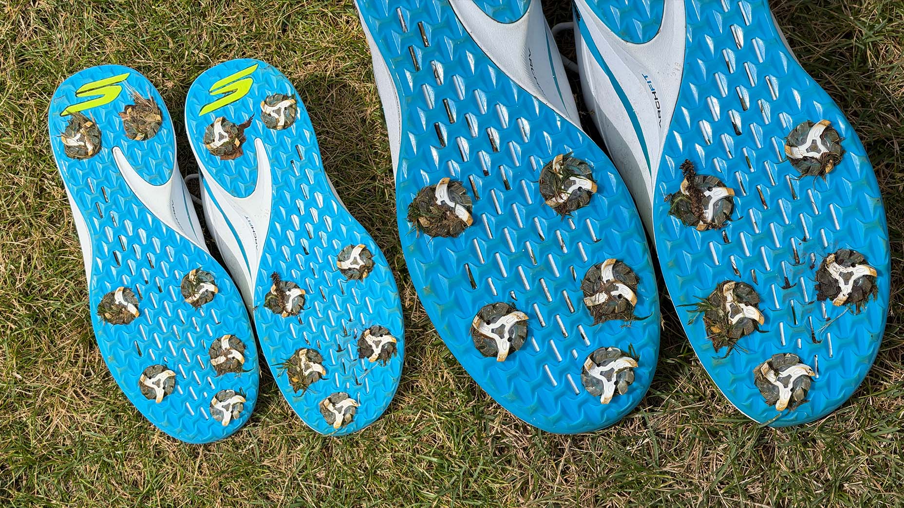Two pairs of blue-bottomed athletic shoes with metal cleats, one small and one large, are side by side on grass, viewed from the sole. Some cleats have bits of grass stuck in them.