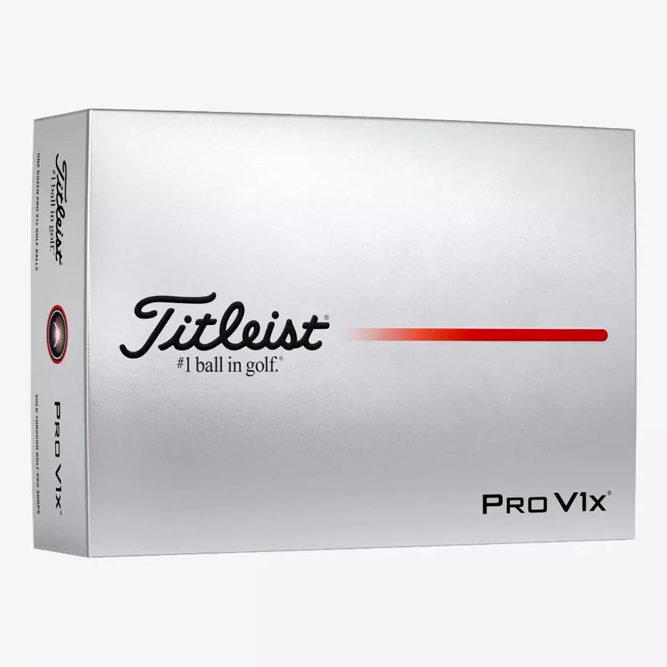 A silver box of Titleist Pro V1x golf balls featuring the Titleist logo, #1 ball in golf tagline, and a striking red line design on the front of the golf balls packaging.