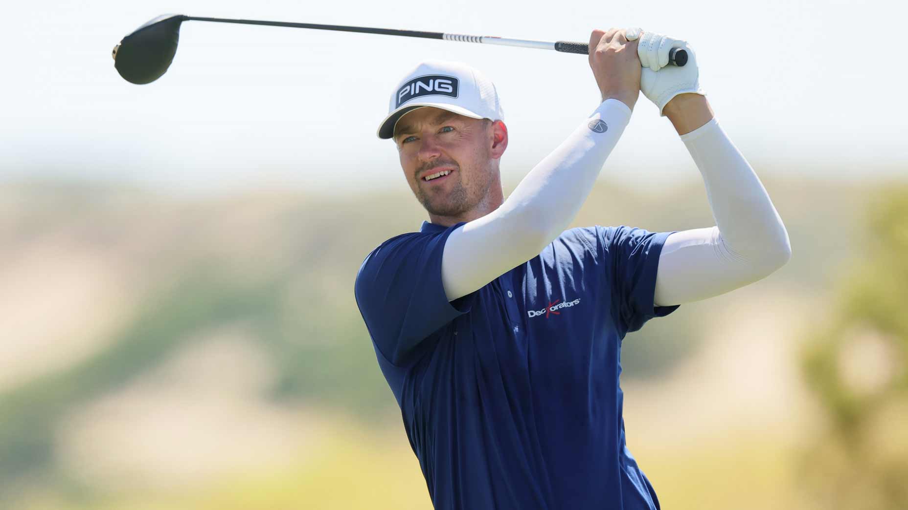 LIV Golf pro Victor Perez of France hits tee shot during the 2025 World Wide Technology Championship.