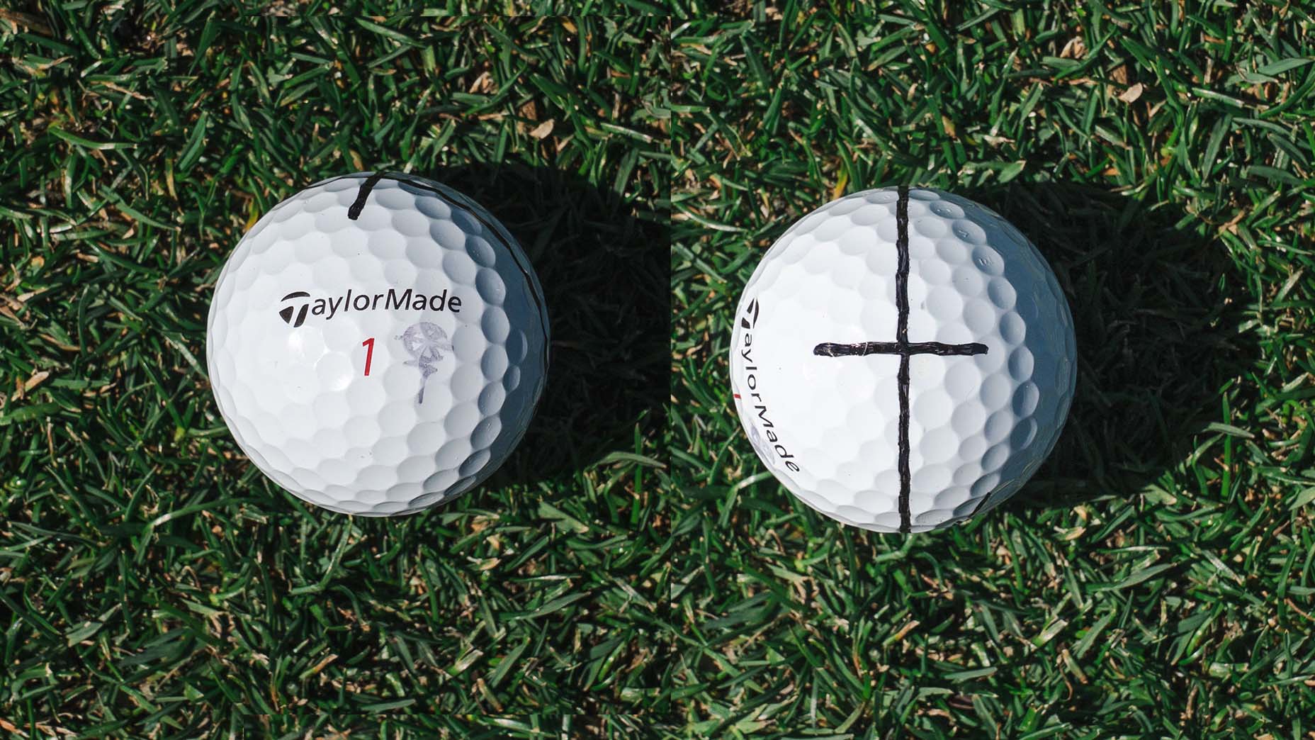 Two TaylorMade golf balls rest on green grass. The left ball is labeled 1, while the right ball shows bold black alignment lines. Both have visible dimples and logos, positioned side by side.