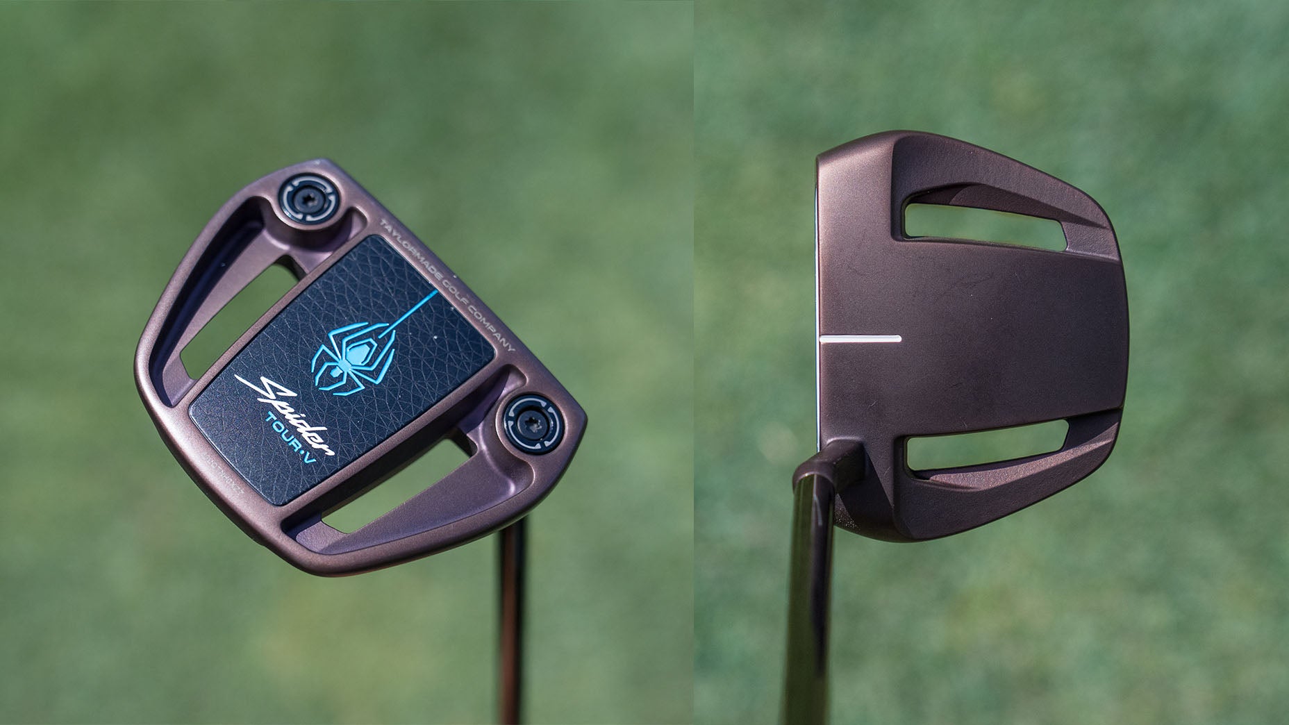 Two views of a modern golf putter: one showing the black and blue face with Spider Tour branding, the other showing the top with a white alignment line, both on a green grass background.
