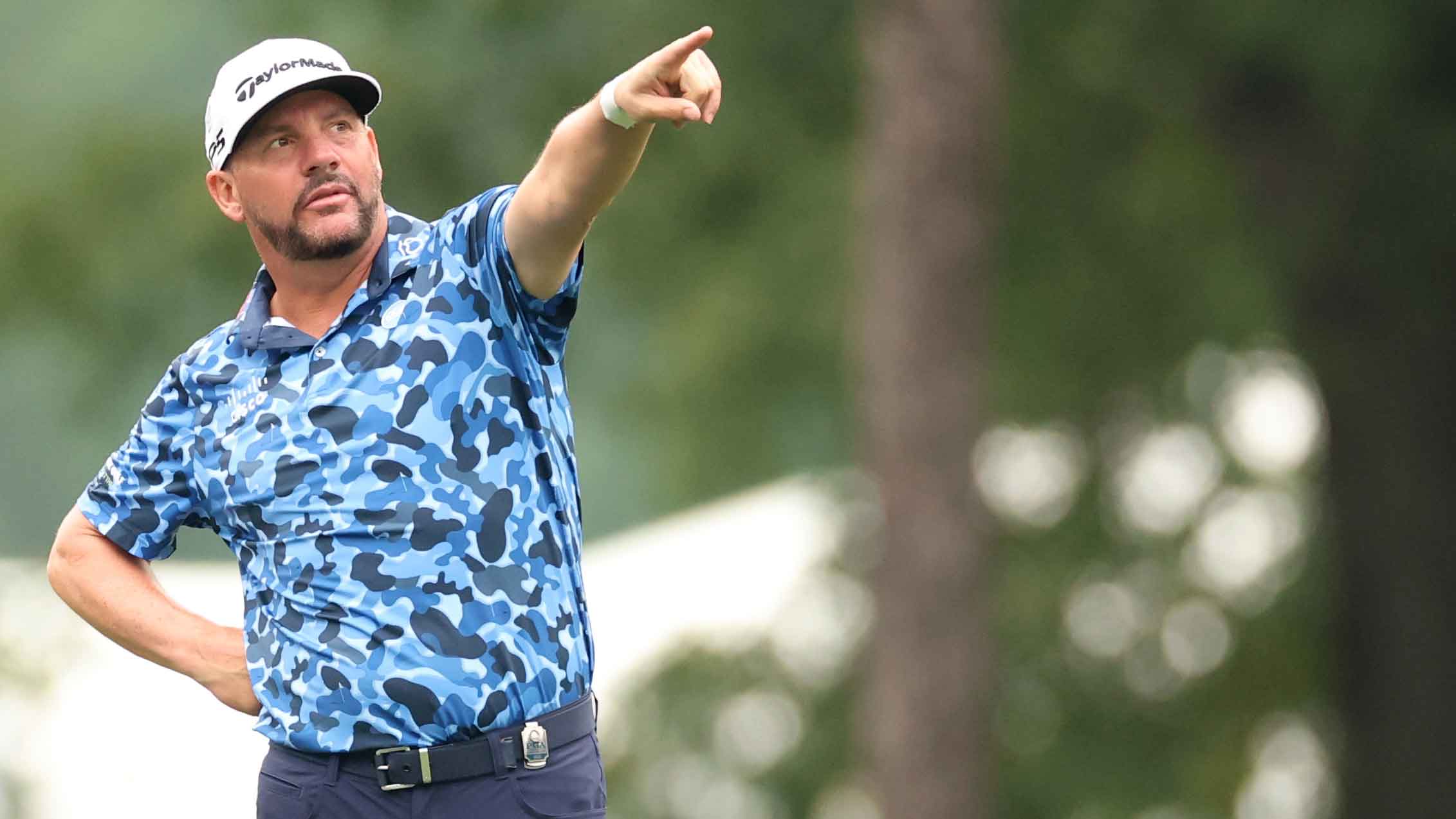 Michael Block points down the 10th fairway during the second round of the 2025 PGA Championship.