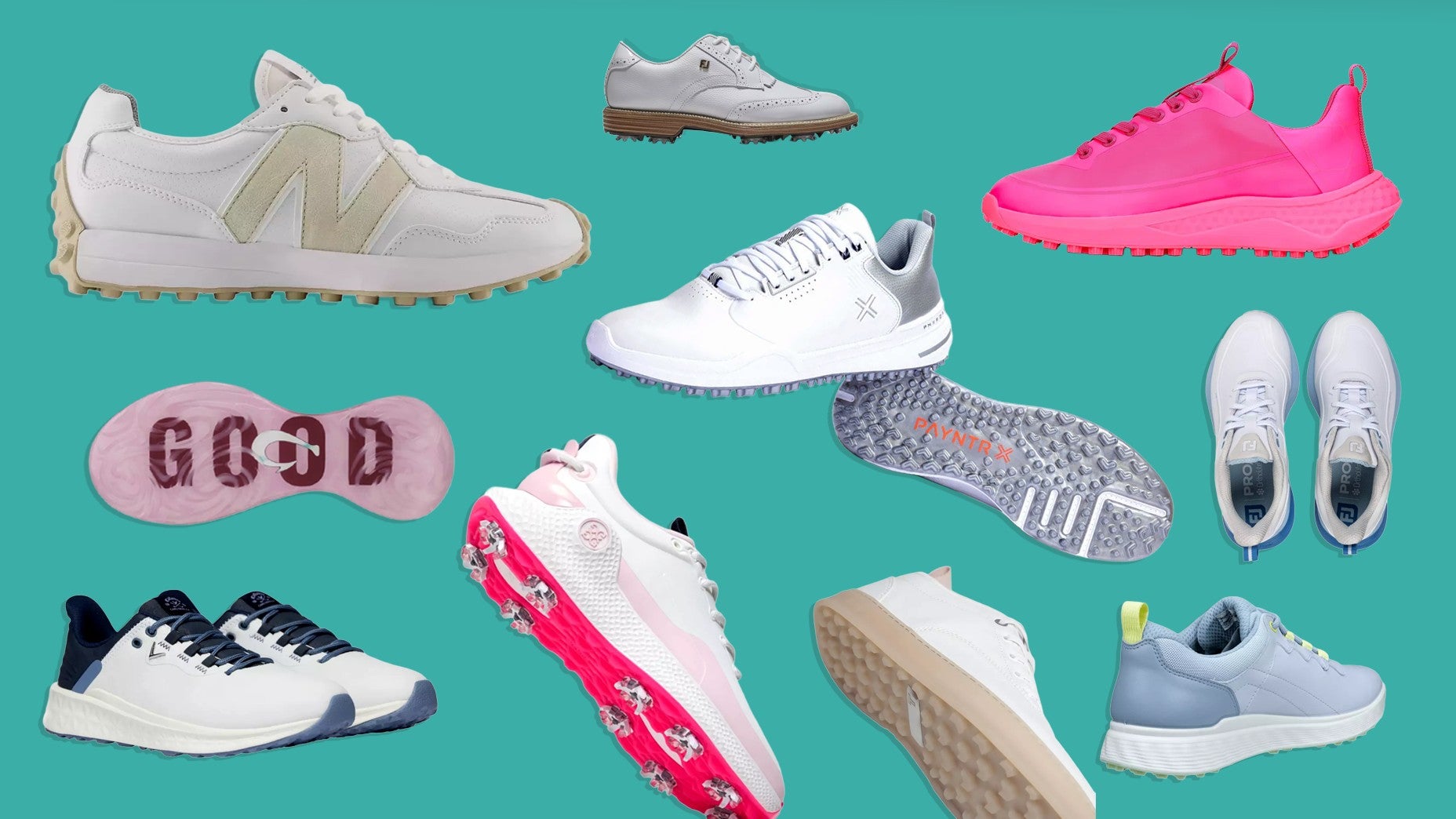 A curated selection of the best women's golf shoes 2026, featuring a range of styles and colors&mdash;white, pink, gray, and multicolored&mdash;arranged on a teal background with side, top, and sole views for every preference.