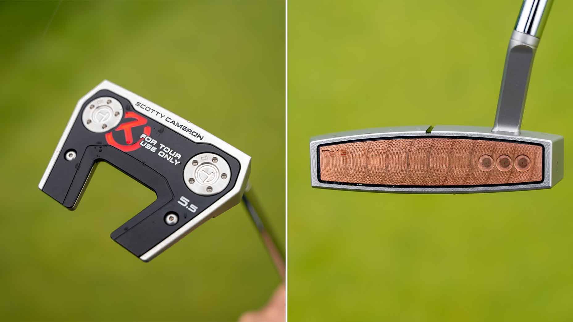 Side-by-side close-up of two golf putters: left shows the back of a Scotty Cameron putter with metallic accents; right, the front of a putter with a wooden face insert and three engravings&mdash;highlighting June gear moves from our Tour Report.