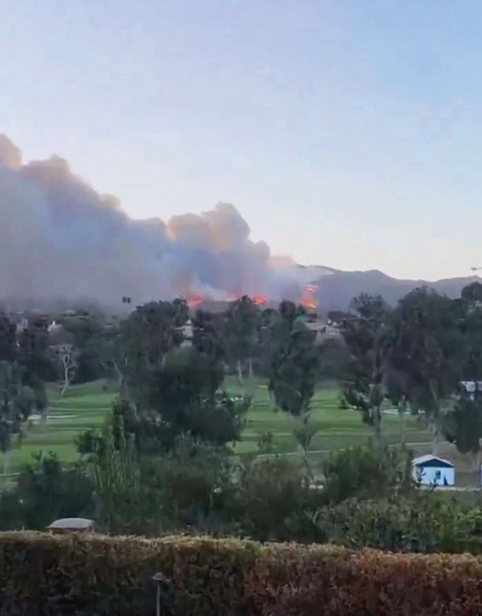 Smoke and flames rise from a wildfire burning in the distance behind a row of trees and grassy area, with hills and a clear sky in the background, evoking a deeper meaning amid nature&rsquo;s intensity.