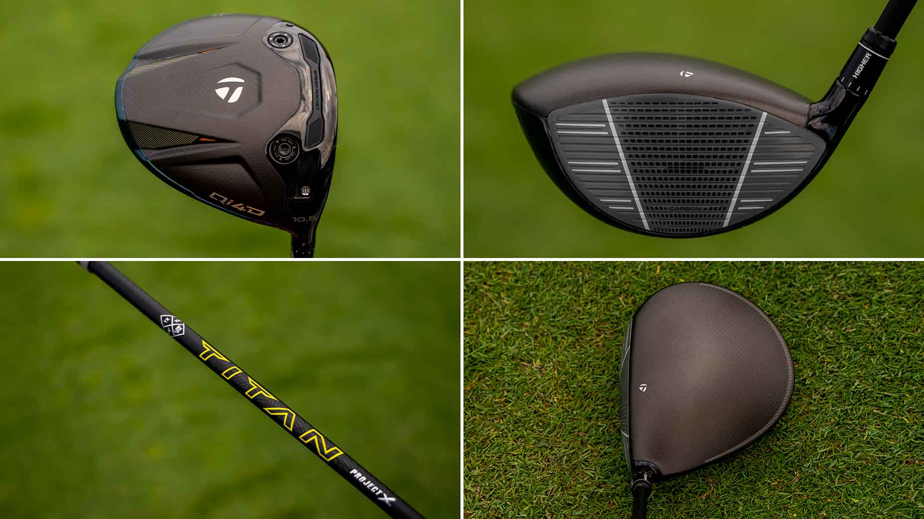 A collage of four images showing different angles of a black TaylorMade golf driver and a close-up of a yellow and black TITAN shaft, similar to those seen in Wyndham Clark WITB, all set against a green grass background.