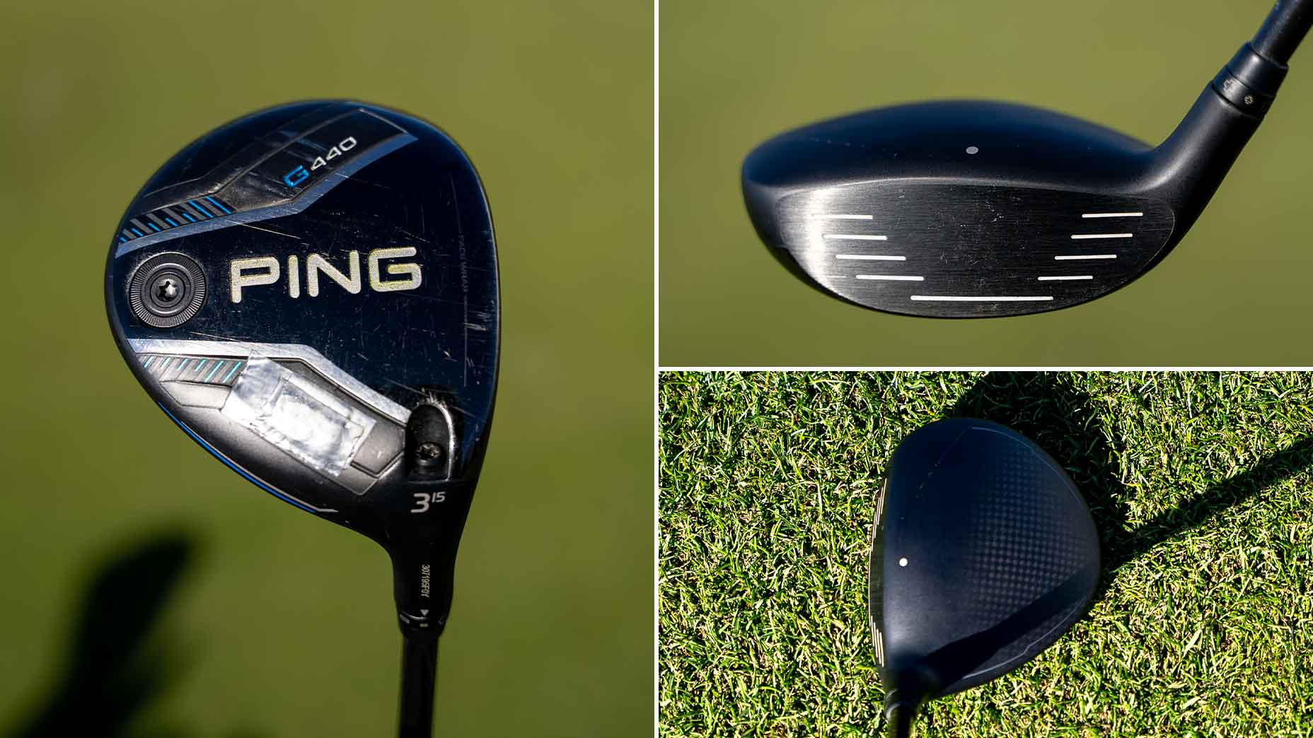 A composite image displaying a Ping G410 golf club&mdash;featured in Wyndham Clark WITB: left shows a close-up of the club&rsquo;s branding, top right captures the clubface, and bottom right presents the top view of the club head on grass.