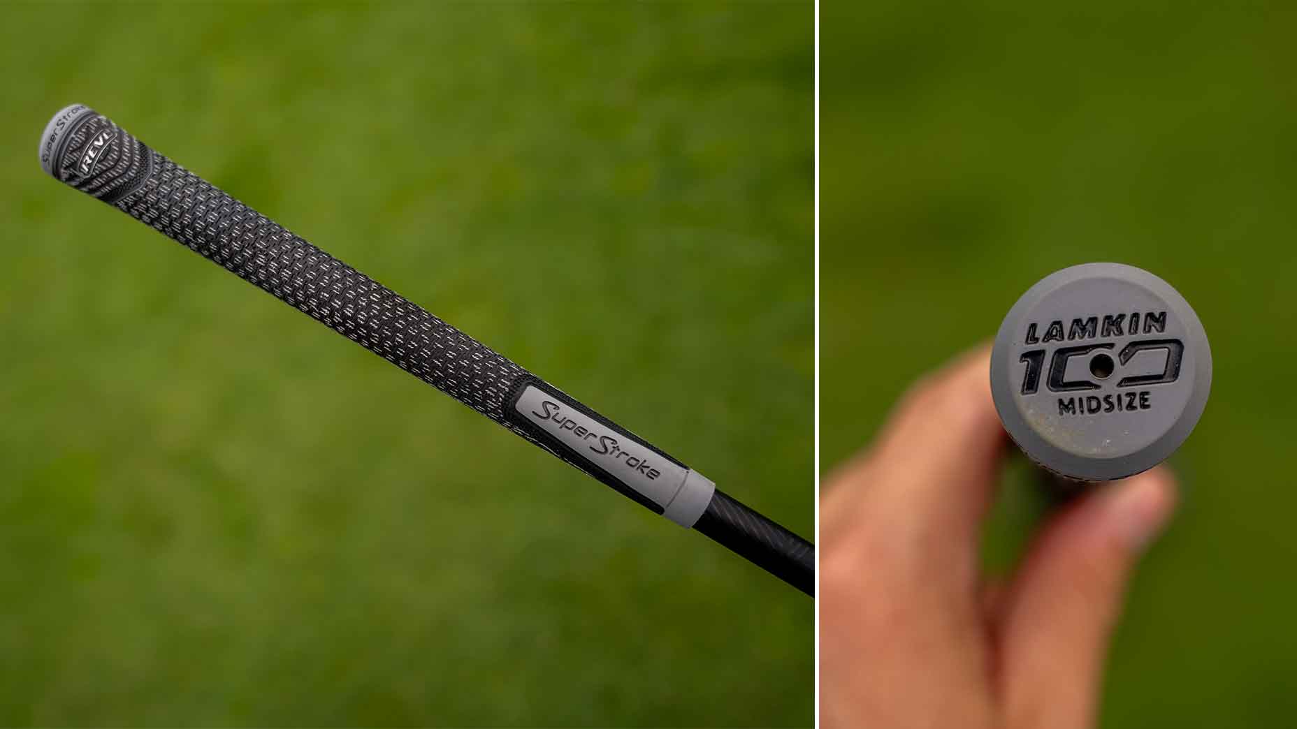 Close-up of a golf club grip with SuperStroke branding on the shaft and Lamkin 100 Midsize on the grey end cap, similar to what you&rsquo;d find in a Wyndham Clark WITB, held against a blurred green background.