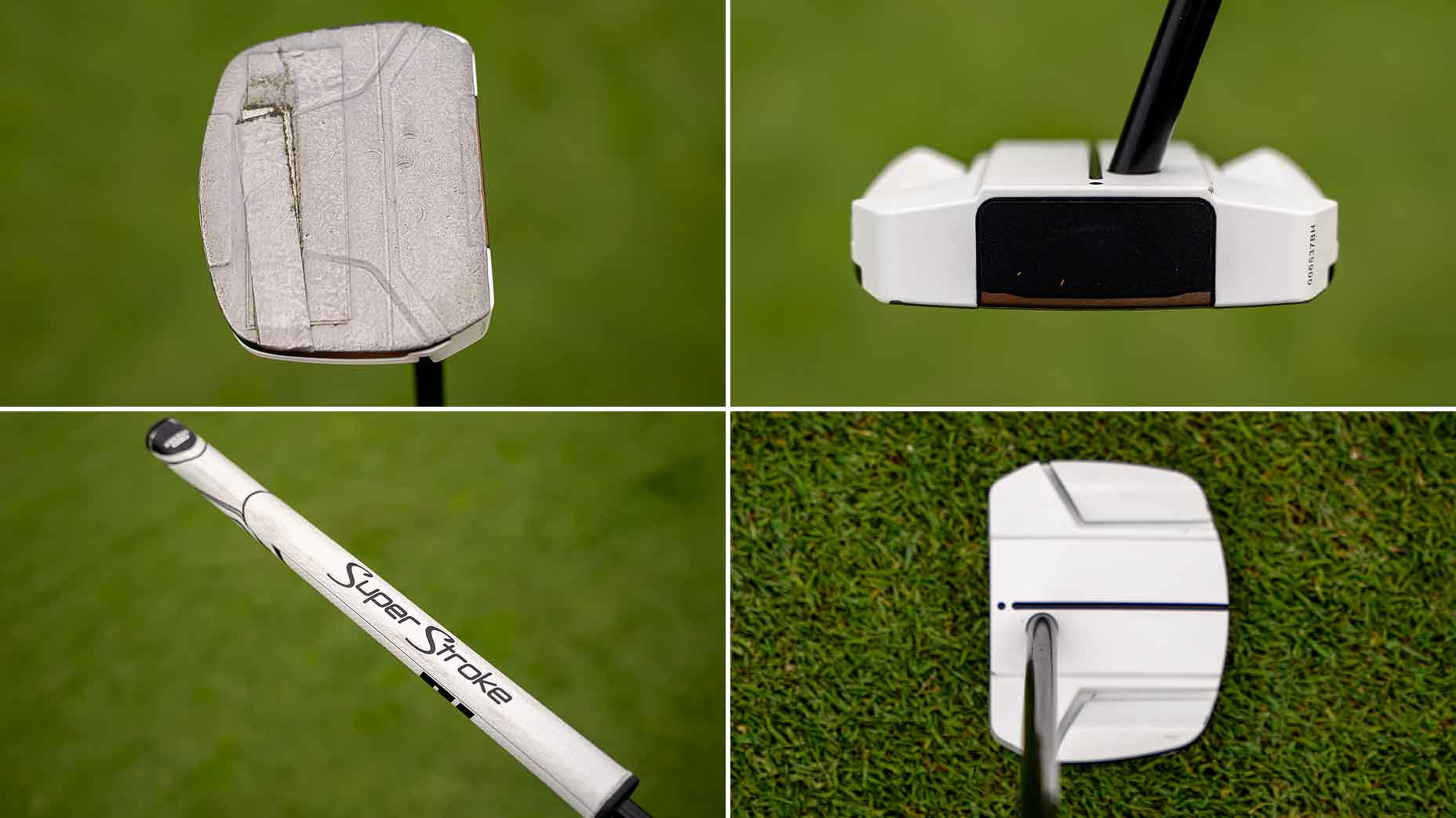 A collage of four close-up photos shows a white golf putter from different angles, including the face, top, grip with Super Stroke branding, and a top-down view on green grass&mdash;similar to those seen in Wyndham Clark WITB features.