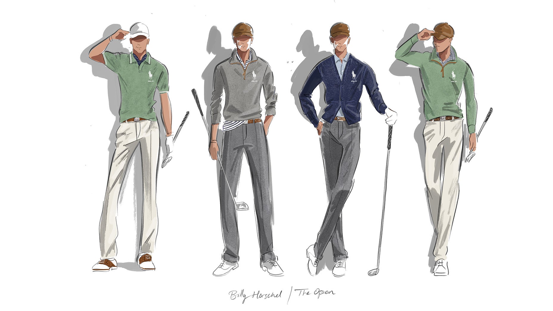Fashion sketches of four male golfers in different outfits, each tipping a cap, holding golf clubs, and wearing golf shoes. Outfits include polos, sweaters, and jackets in green, gray, and navy tones.