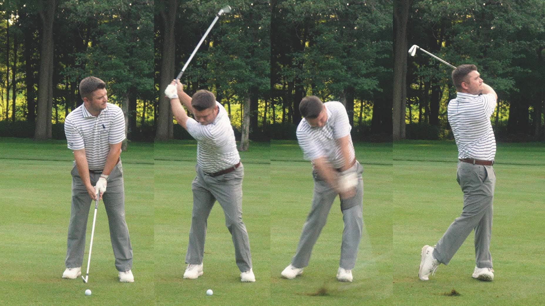 A golfer in a striped shirt and gray pants demonstrates a golf swing sequence from address, backswing, downswing, to follow-through on a green golf course.