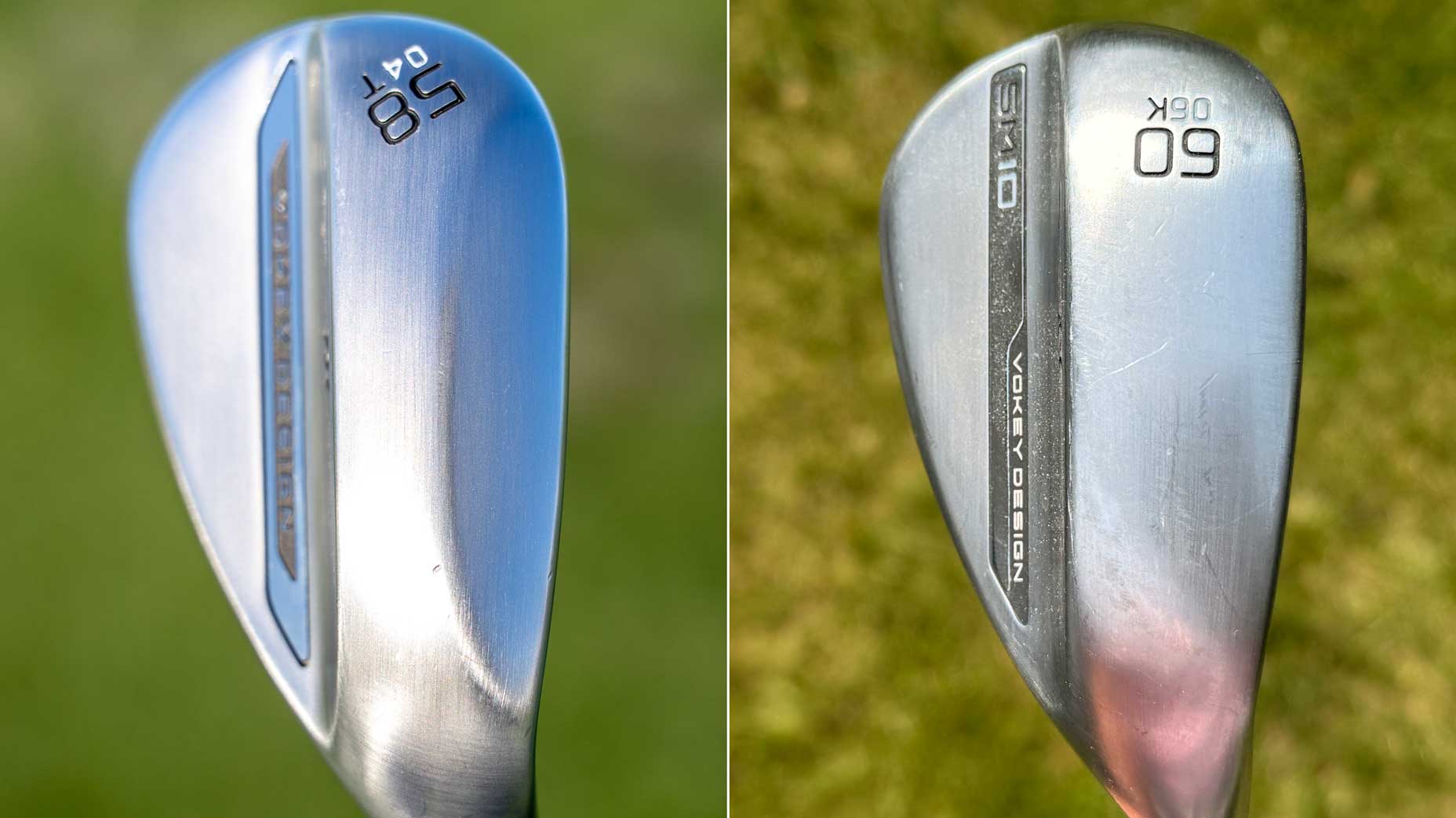 Two golf wedges are shown close-up on grass, showcasing their clubfaces and grooves. The left wedge is labeled 58&deg; and the right 60&deg;, highlighting a possible wedge change for golfers seeking optimal golf gear, just like Scottie Scheffler.