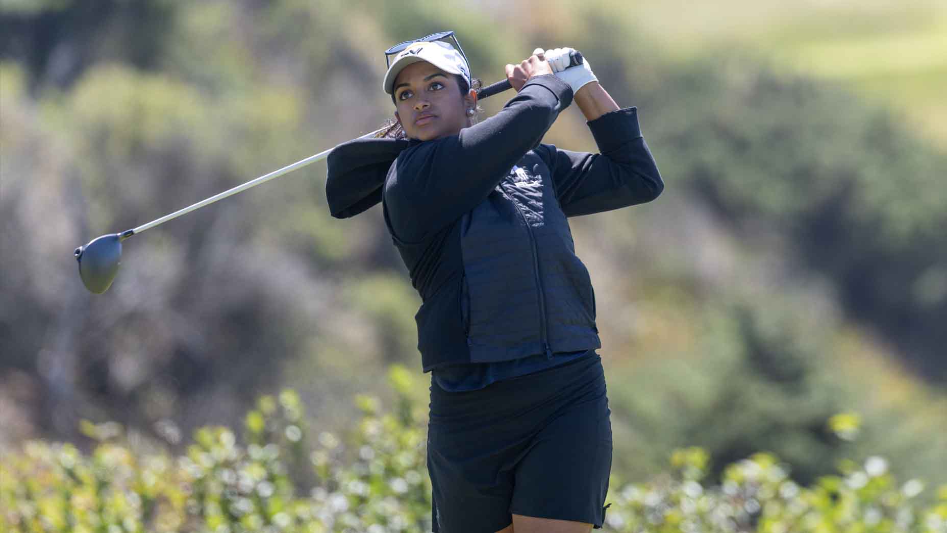 Megha Ganne hits a tee shot during the 2025 U.S. Women's Amateur Championship