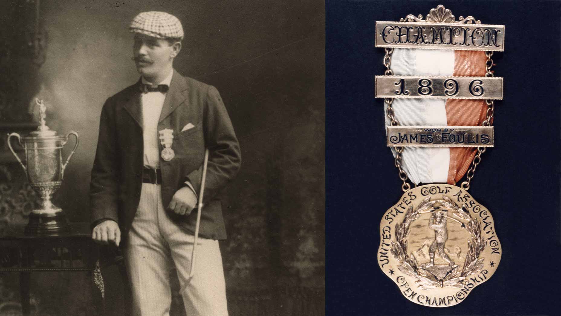 Black-and-white photo of a man with a mustache in checkered pants and cap, holding a golf club beside a trophy. Next to him is a close-up of an 1896 U.S. Open medal from Shinnecock Hills with its original ribbon.