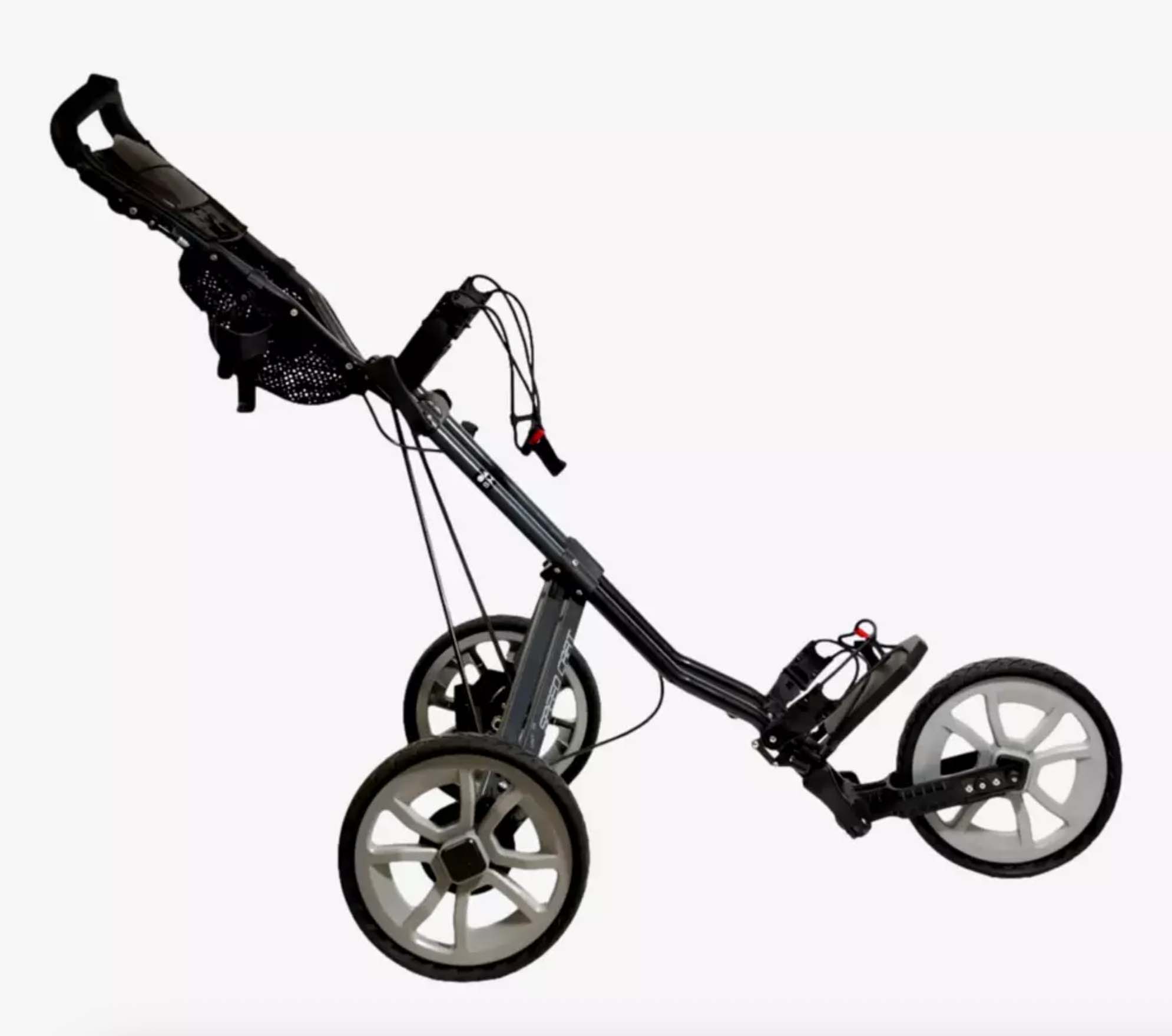 A three-wheeled golf push cart with a black frame, large rubber wheels, and a handle&mdash;perfect for walking the course with ease&mdash;designed to carry a golf bag and accessories.