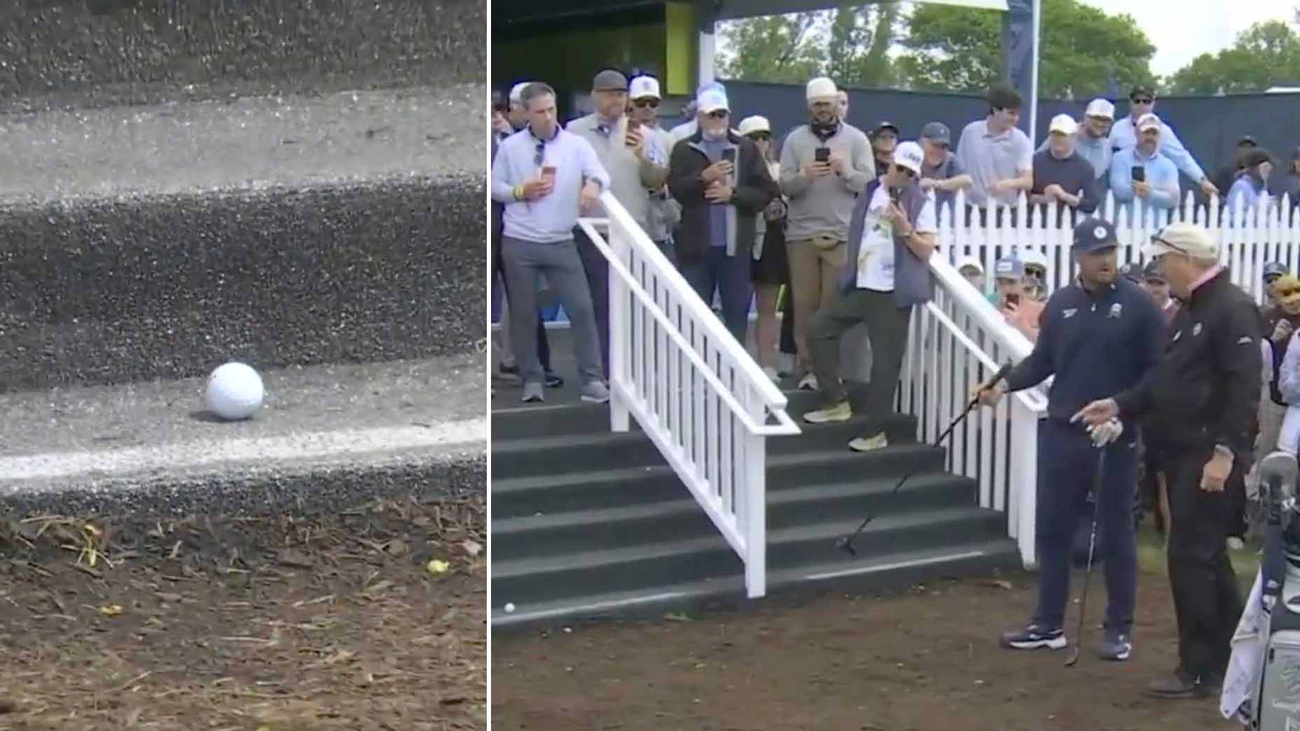 Bryson DeChambeau debates a rules official after hitting a shot into a staircase at the 2026 PGA Championship.