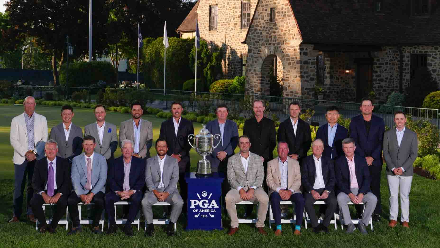 Past PGA Championship winners pose before the 2026 PGA Champions Dinner