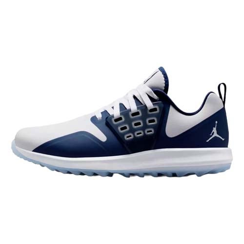 A white and navy blue athletic sneaker with a white sole, mesh side panel, and the Jordan Jumpman logo on the heel. Perfectly crafted for performance, it's one of the best Jordan golf shoes for comfort and style on the course.