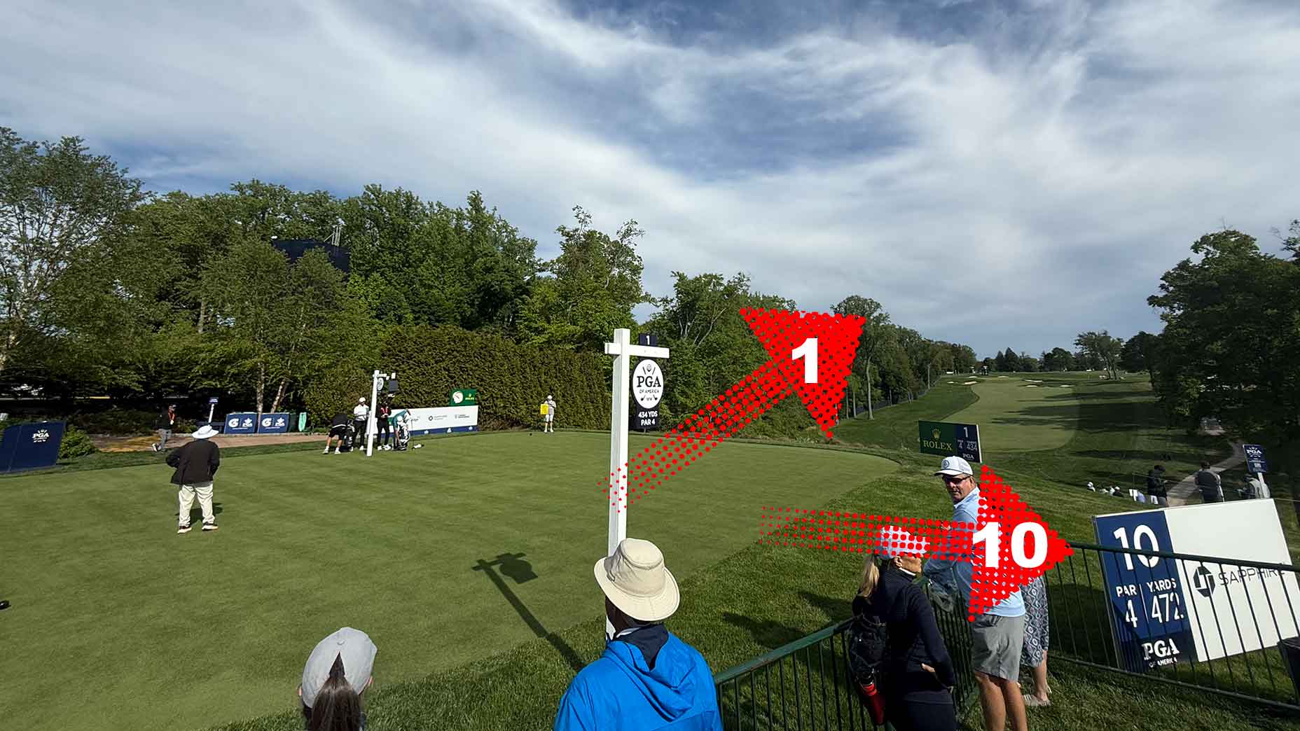 Wide view of Aronimink&rsquo;s tee area at the PGA Championship captures early observations as players prepare to hit; a white signpost and red arrows marked 1 and 10 point to different holes, while spectators watch under a partly cloudy sky.