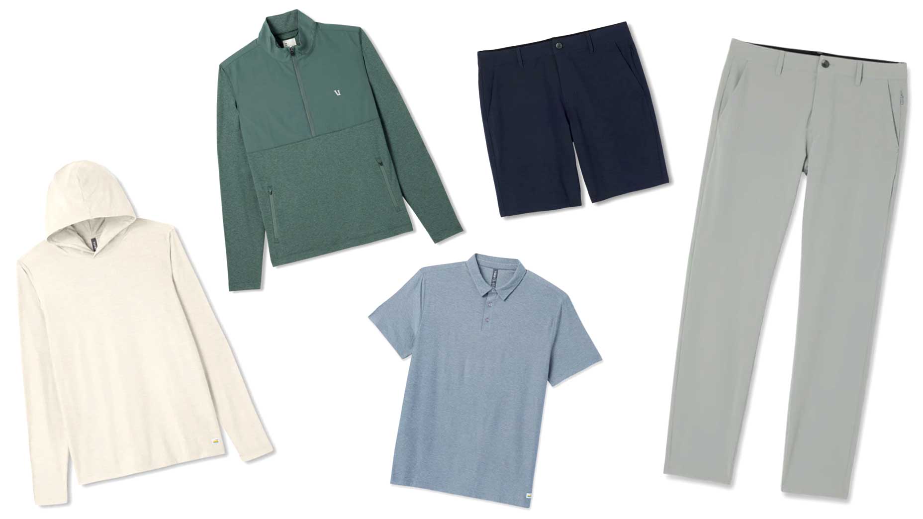 Five pieces of mens casual clothing from Vuori displayed on a white background: a cream hooded shirt, green quarter-zip pullover, navy shorts, light blue polo shirt, and light gray pants&mdash;perfect for building brand loyalty.