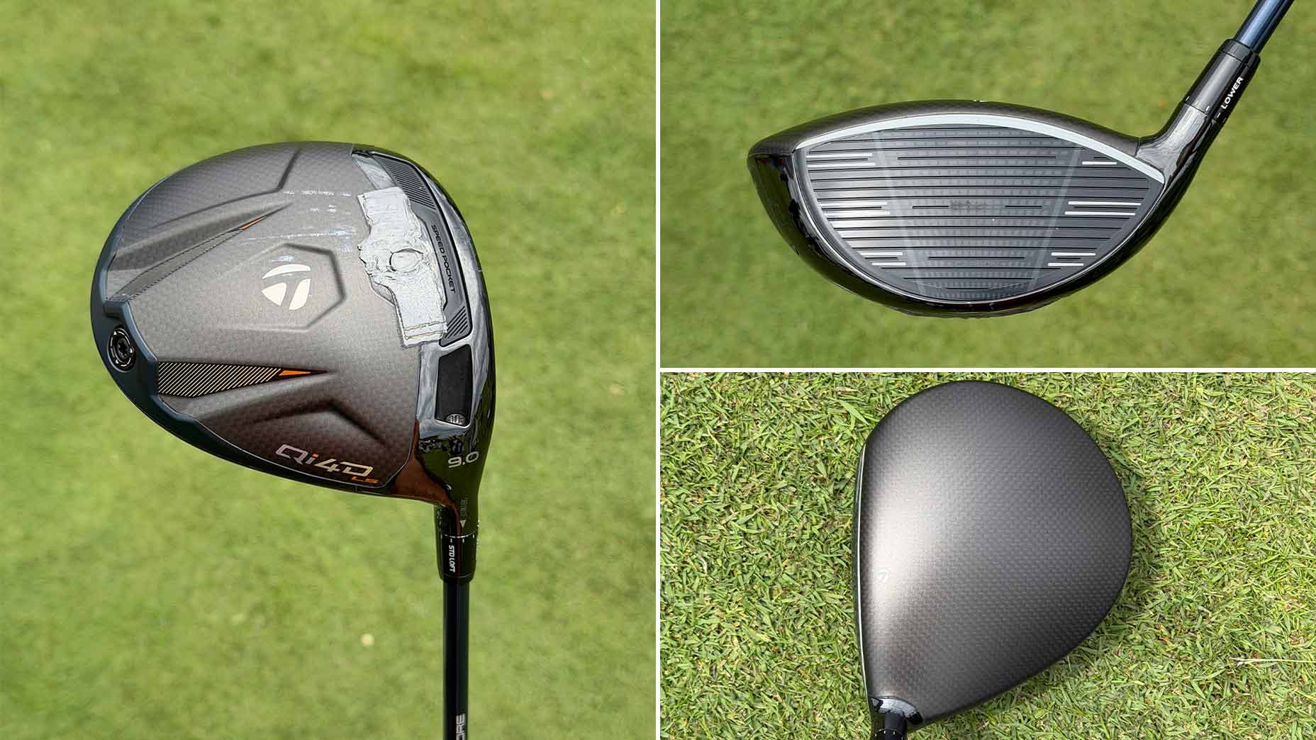 A composite image showing three views of a golf driver&mdash;clubface, crown from above, and an angled view highlighting the head design&mdash;on a grass background, perfect for WITB enthusiasts analyzing driver details.