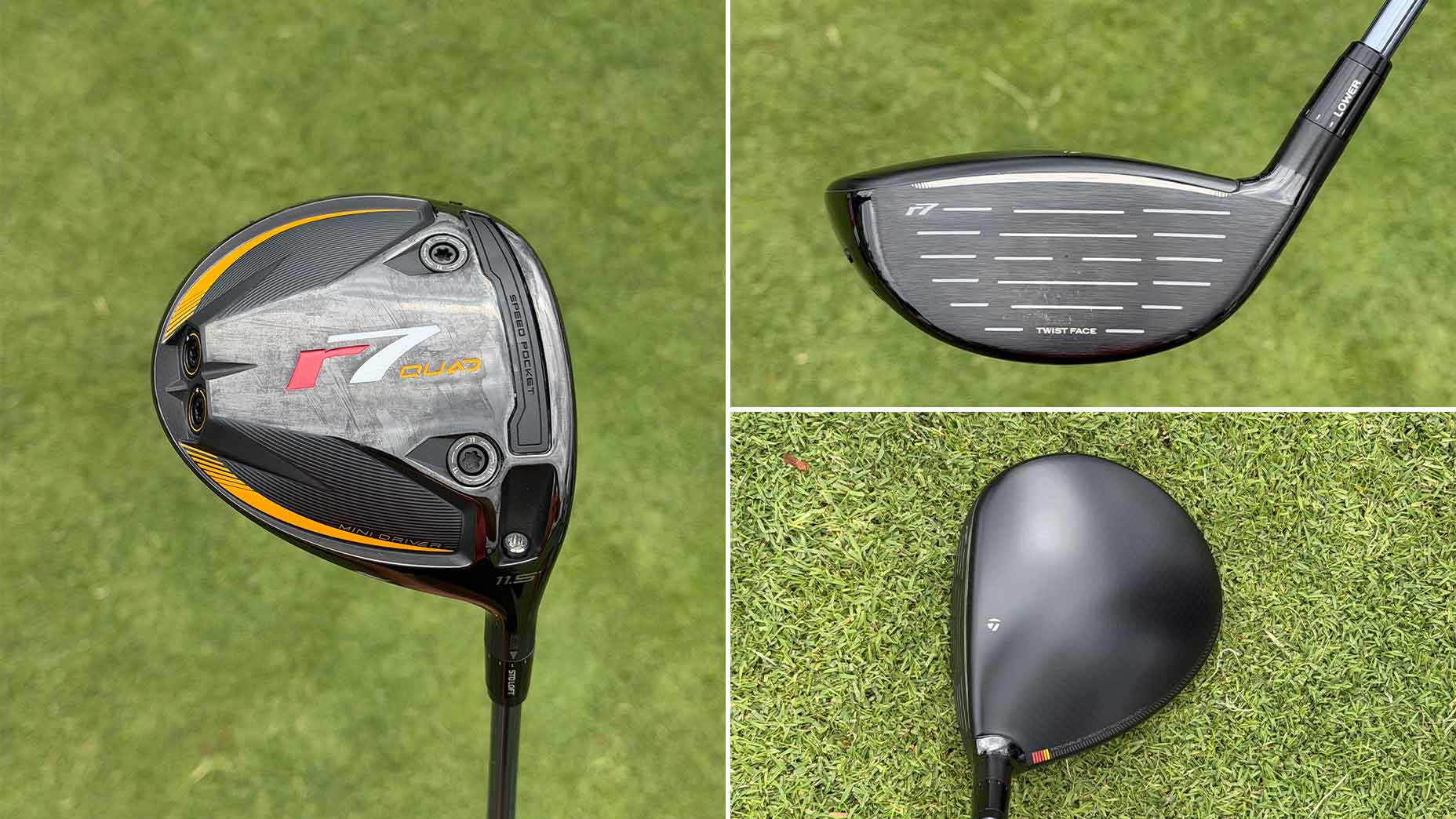 A collage of three images shows a TaylorMade r7 Quad golf driver, famously featured in many WITB setups: the clubhead&rsquo;s sole with branding and adjustable weights, the clubface with grooves, and a top view resting on green grass.