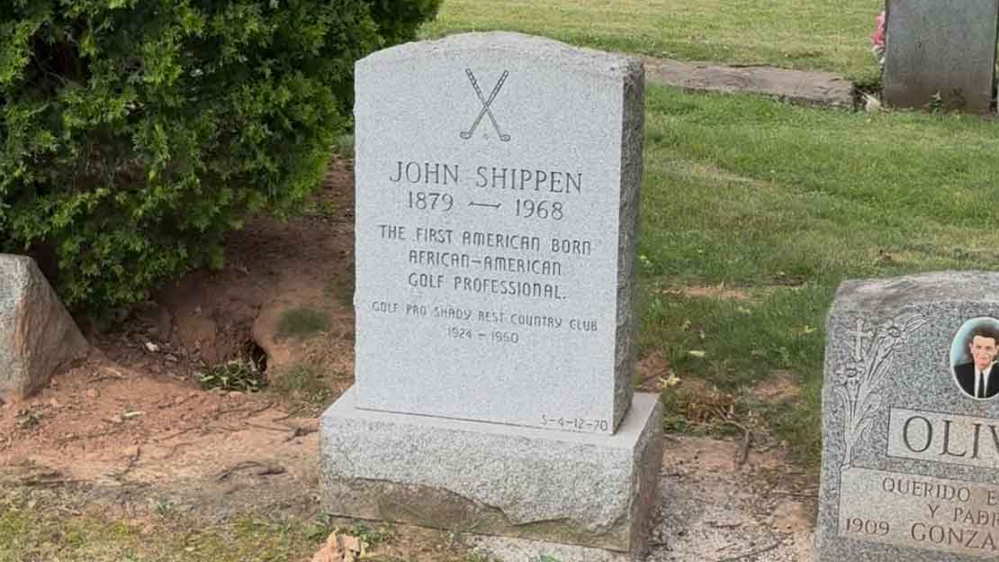 A gravestone for John Shippen (1879&ndash;1968), hero of the U.S. Open, reads: The first American born African-American golf professional. Golf pro Shady Rest Country Club 1924&ndash;1950, with a crossed golf club symbol above the inscription.