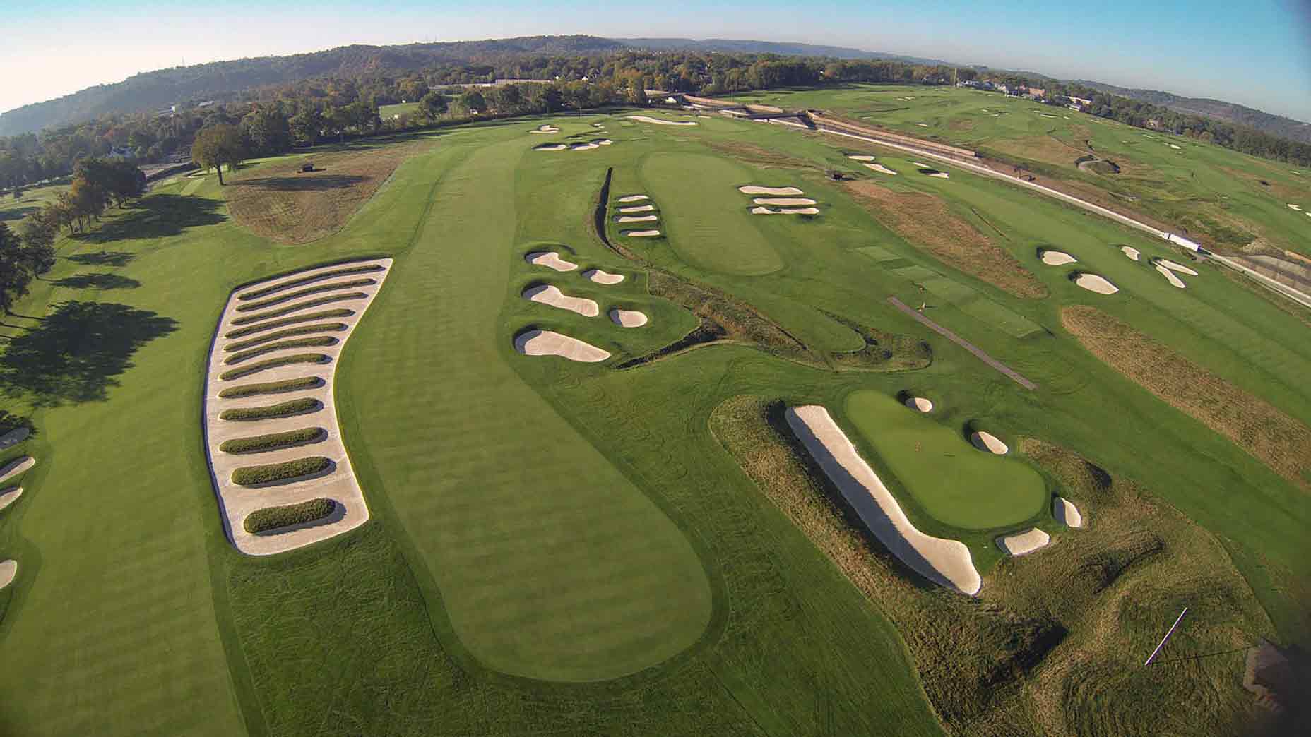 Golf: Aerial view of church pews on No 3 hole at Oakmont CC. Still shot photographed from drone. Oakmont, PA 9/14/2015 CREDIT: Fred Vuich