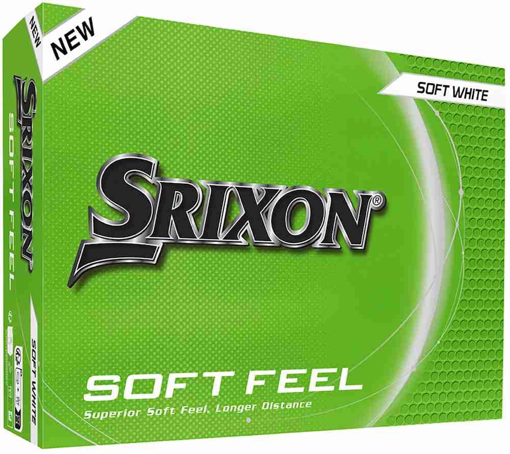 A green box of Srixon Soft Feel golf balls with a Soft White label. The packaging features the Srixon logo, text that reads Superior Soft Feel, Longer Distance, and is perfect for golfers searching for the best golf shoes 2026.