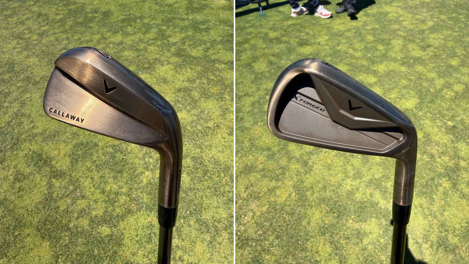 Two images side by side show a Callaway golf iron from different angles, with a dark metallic finish on green grass. The left image shows the Callaway logo, while the right reveals the club&rsquo;s back design and Apex Pro label, reminiscent of U.S. Open precision.