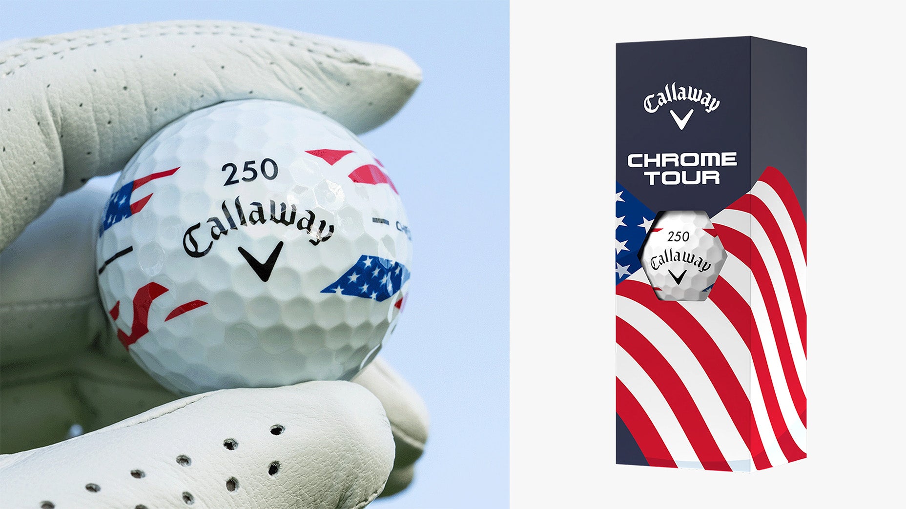 A gloved hand holds a Callaway golf ball decorated with red and blue American flag designs&mdash;perfect red white and blue gear for a patriotic celebration. Next to it, the ball appears packaged in a Callaway Chrome Tour box featuring stars and stripes.