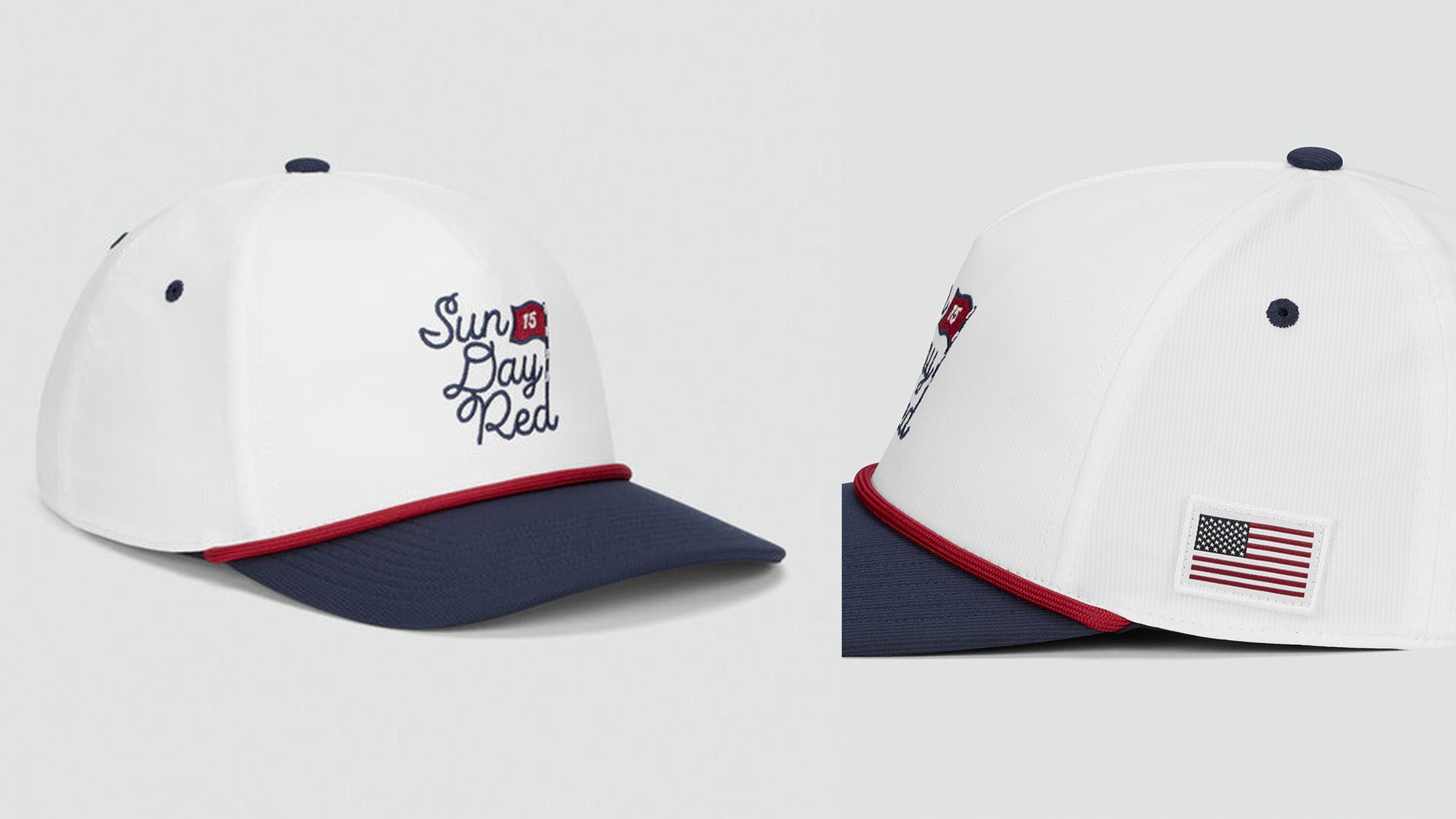 A white baseball cap with a navy blue brim, red trim, and Sun Day Red on the front&mdash;perfect red white and blue gear for a patriotic celebration. Features a small red flag and an embroidered American flag patch on the side.