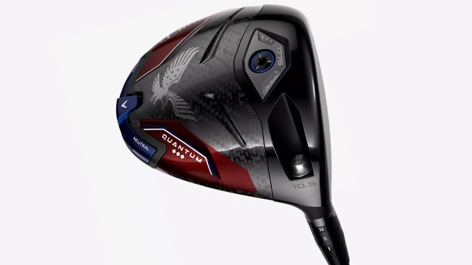 A close-up of a golf driver clubhead with a sleek, modern design in black, red, and silver&mdash;perfect for a patriotic celebration or showcasing red white and blue gear&mdash;with an eagle graphic, the word Quantum, and the number 10.5 indicating loft.