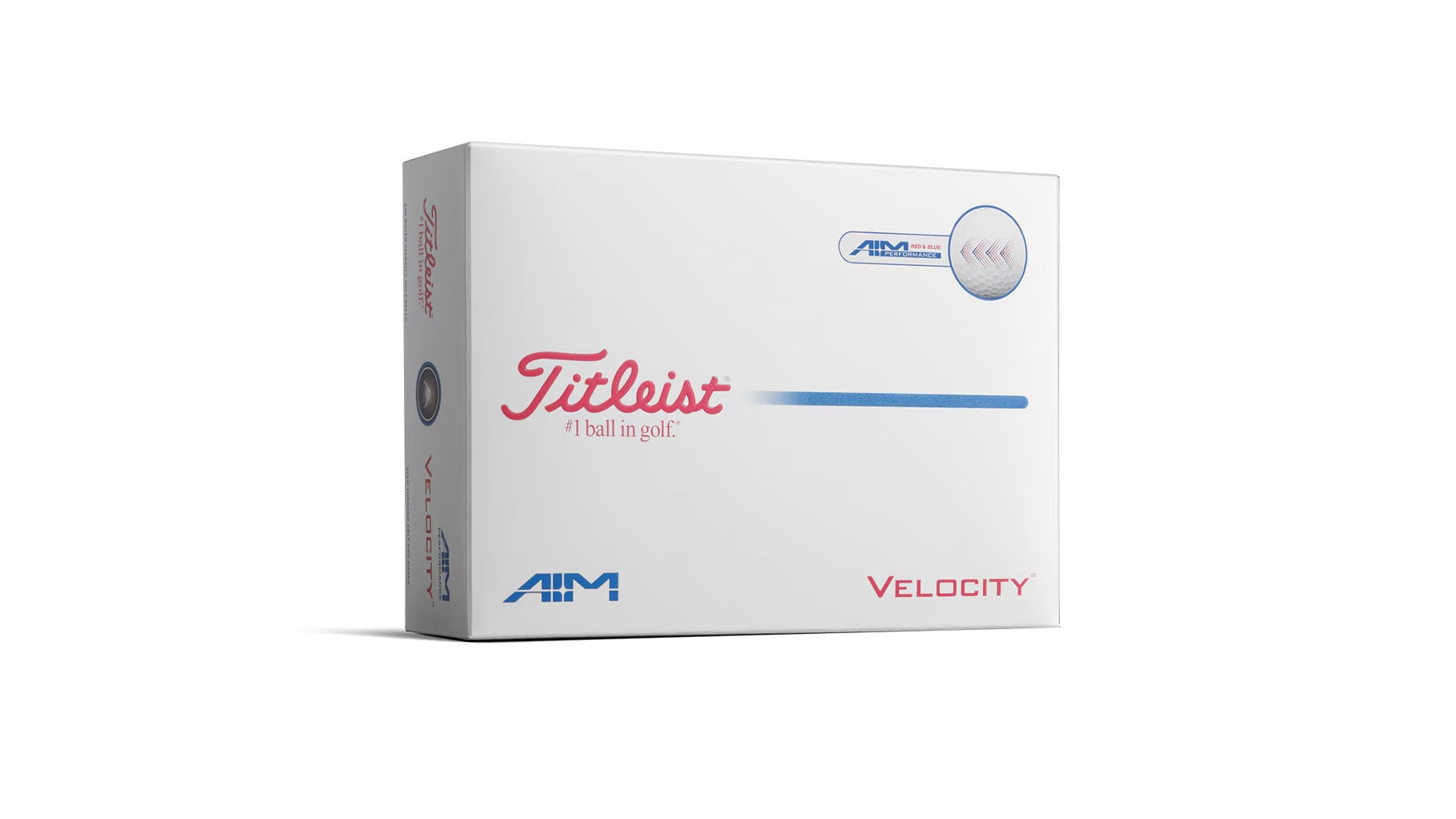 A white box of Titleist Velocity golf balls, featuring the Titleist logo in red and blue text, a golf ball image in the top right, and 