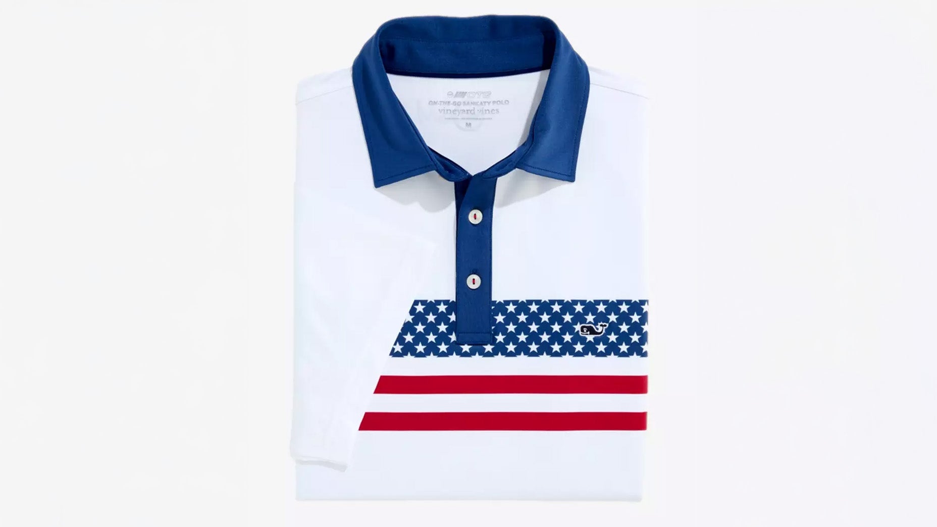 A folded white polo shirt with a blue collar and buttons, featuring white stars on blue and red stripes&mdash;a stylish piece of red white and blue gear perfect for any patriotic celebration or America's 250th birthday.