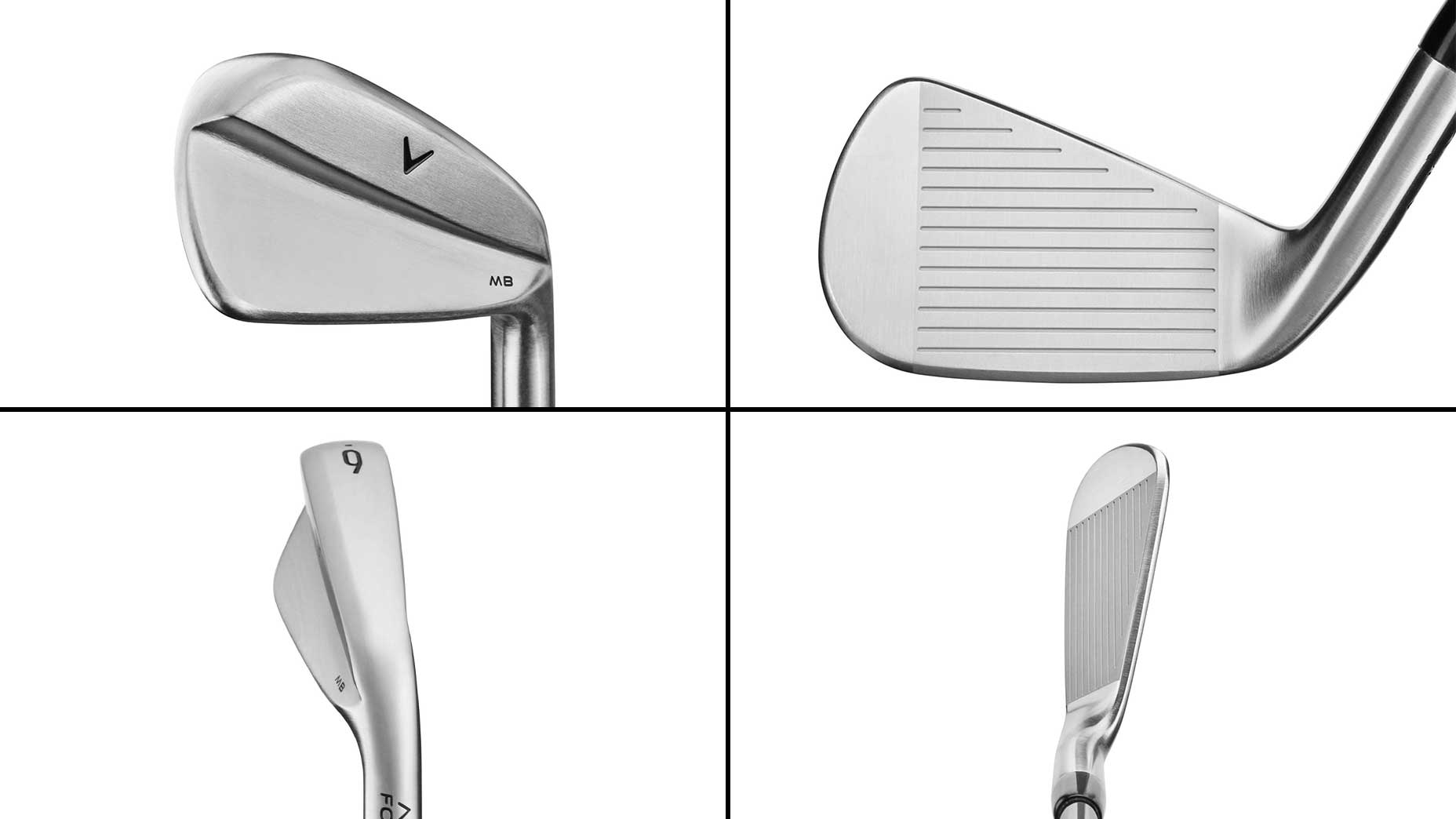 Four close-up images of a silver golf club iron head from different angles, showing the back, face with grooves, sole, and top view. This Tour iron is marked with NB and the number 9, reminiscent of high-performance Callaway designs often found in premium retail collections.