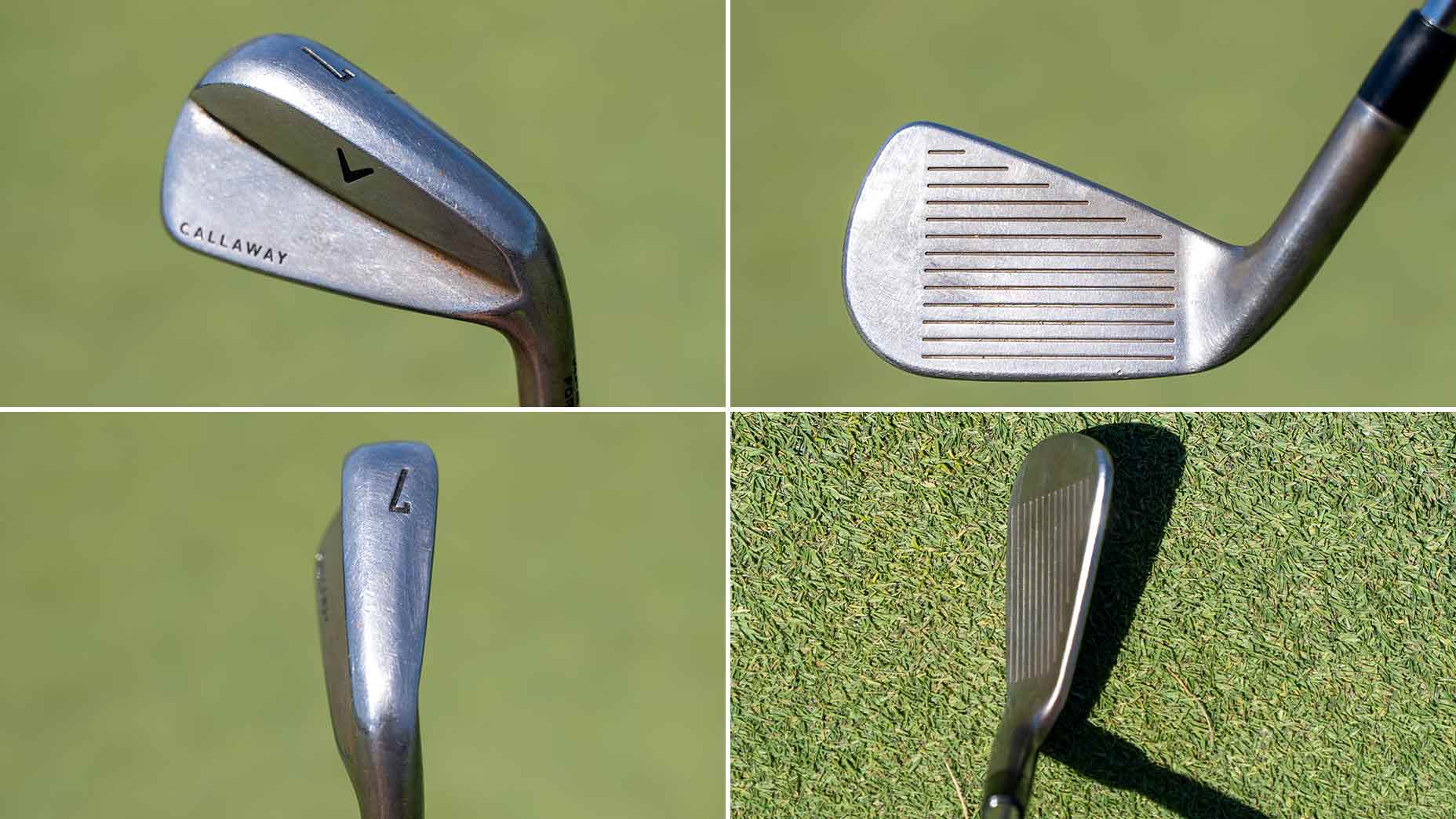 A collage of four close-up views of a Callaway golf iron, as seen in Min Woo Lee&rsquo;s Bag Spy, showing the back, face, top edge, and address position of the club on a grassy surface.