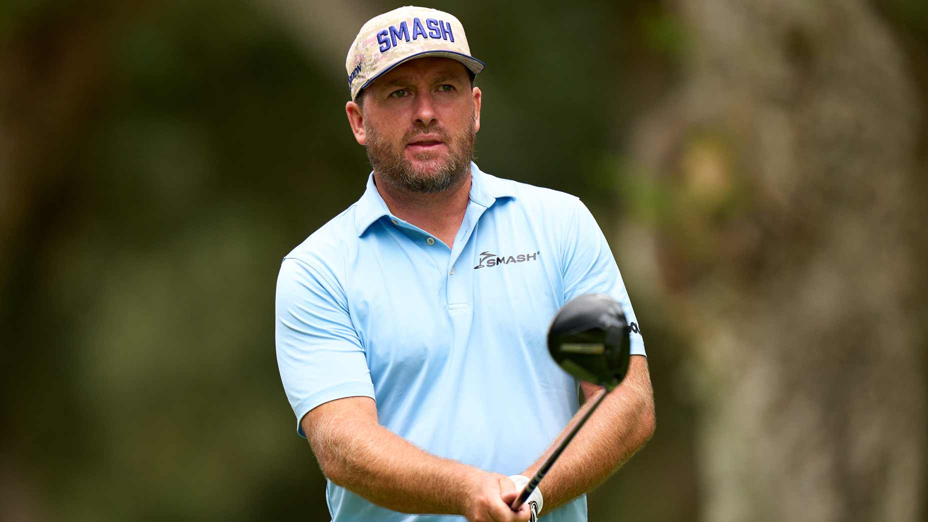 LIV pro Graeme McDowell tees off during the 2025 LIV Golf Andalucia tournament.