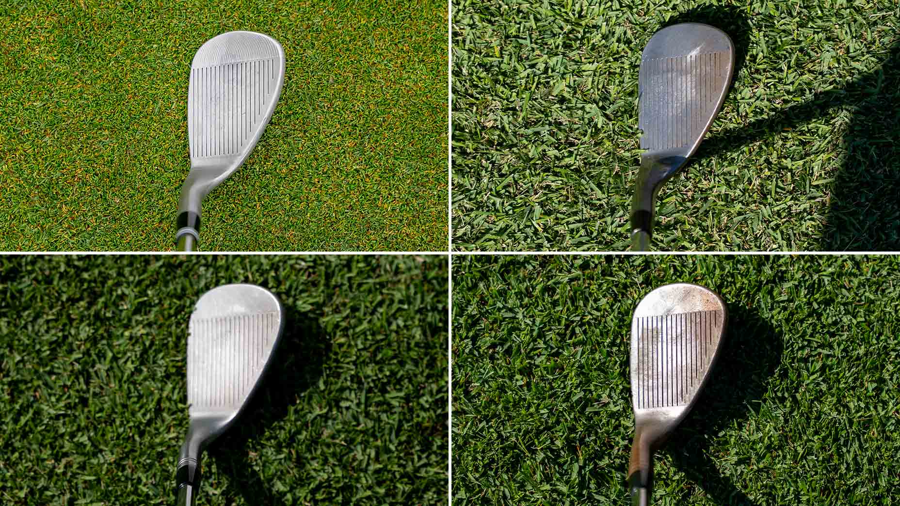 A collage of four close-up golf wedges on green grass, each showing a different clubface and angle&mdash;much like a snapshot from a PGA Tour Report&mdash;highlighting grooves, offset variations, and clubhead shapes under varying lighting.