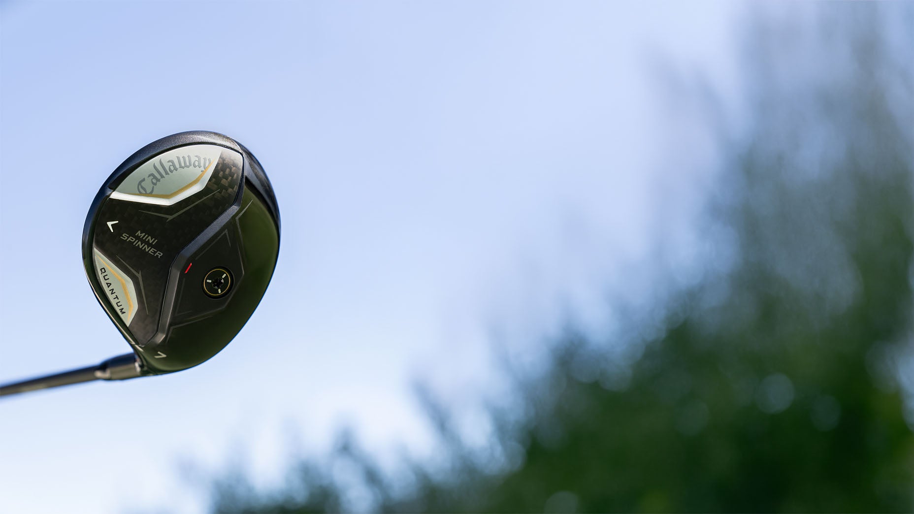 A close-up of a Callaway golf club head is shown against a blurred background of blue sky and green trees.